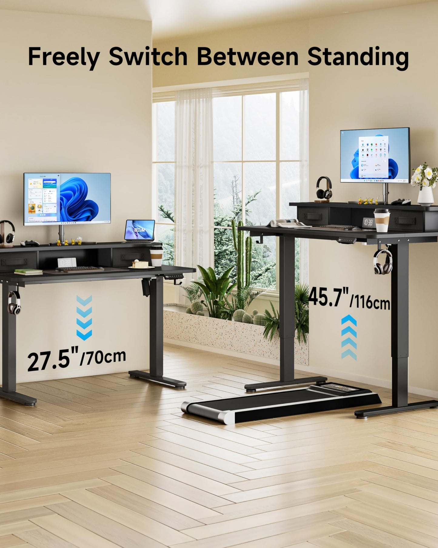 BIZUM Standing Desk with 2 Drawers Computer Desk-Stand up Desk Home Office Gaming Memory Desks C-Clamp Mount Compatible, 48x24 Inch Black