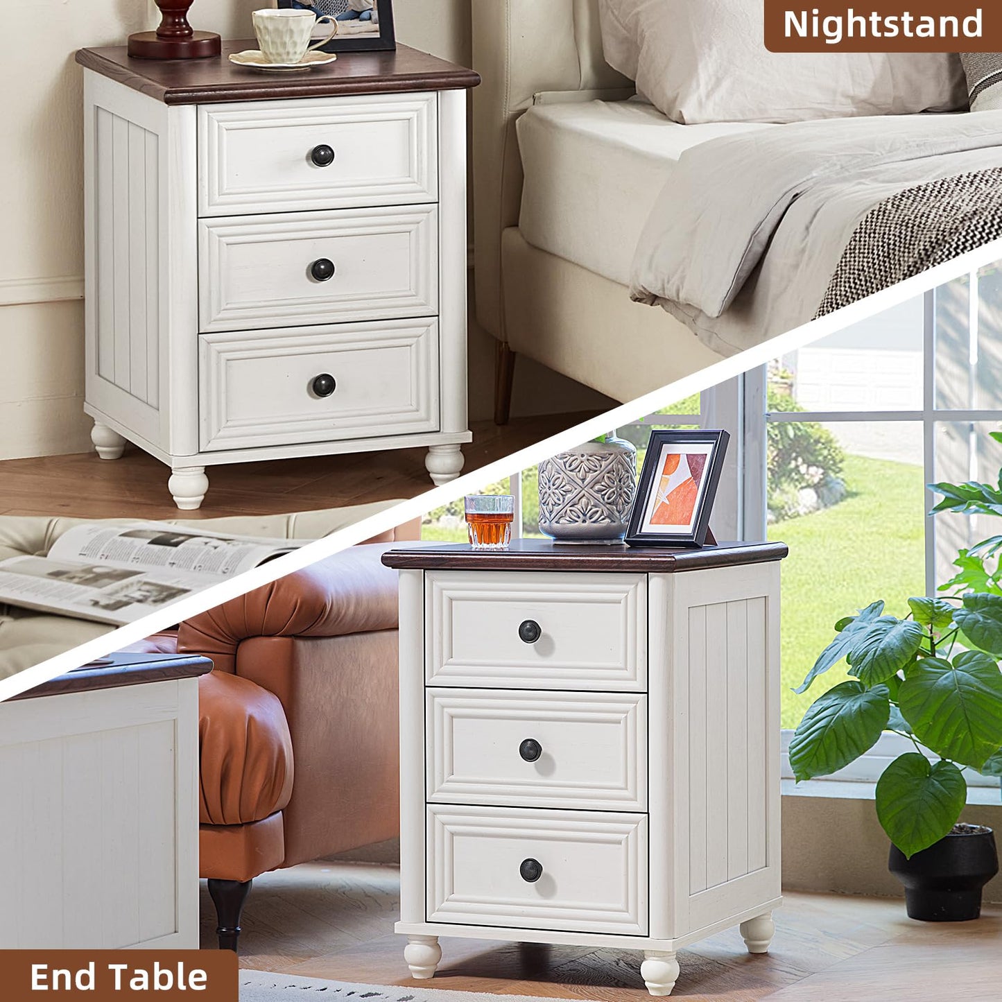 RWYHG 18" Farmhouse Night Stand Set of 2, White Wood Nightstand with 3 Drawers, Bedside End Table with Storage and Roman Column, Bed Side Tables Cabinet for Bedroom, Living Room, and Closet