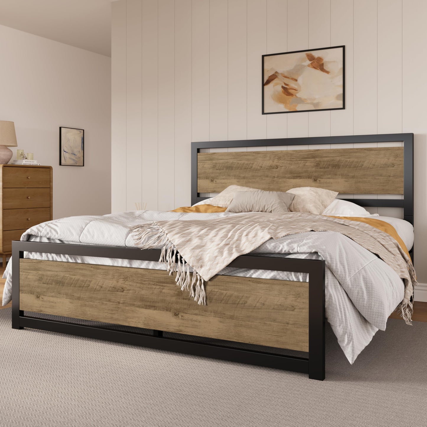 SHA CERLIN Heavy Duty King Size Bed Frame with Modern Headboard, Brown