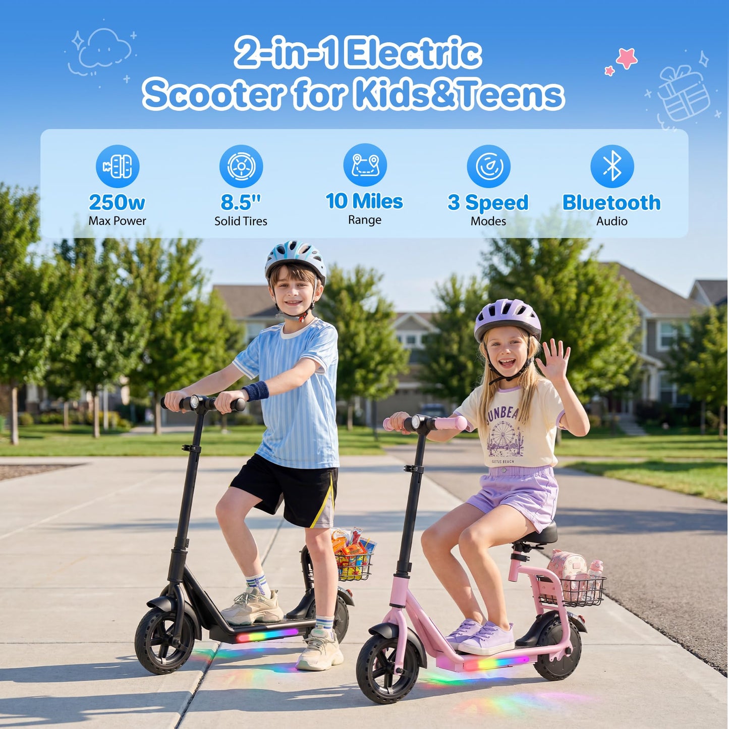 iScooter 2-in-1 Kids Electric Scooter ik7,Up to 12mph&10Miles Range，250W Motor, Headlight & Brake Taillight, Removable Seat&Basket, Smart App Parental Control,Electric Scooter for Kids Ages 10-14