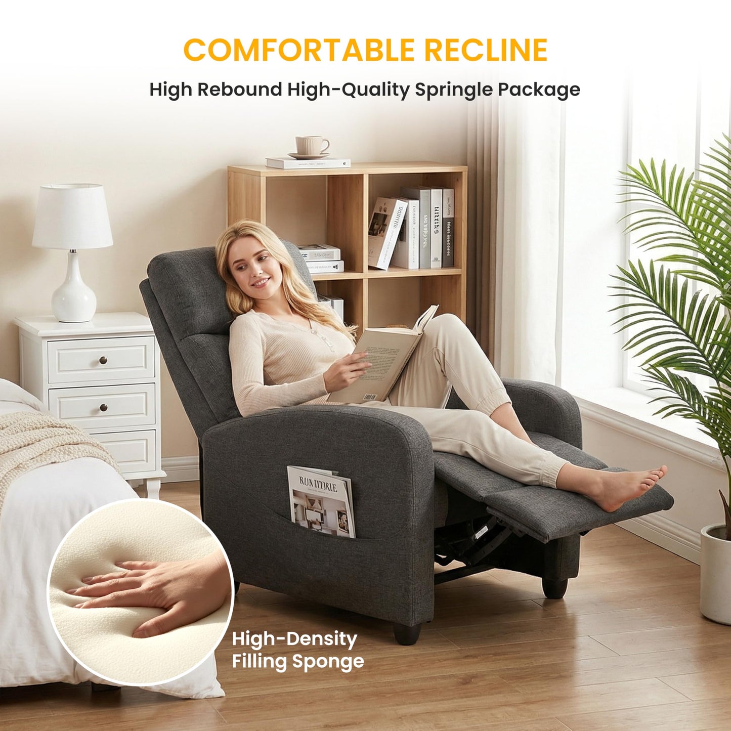 HealSmart Adjustable Push Back Massage Recliner Chair, Soft Fabric Lounge Sofa for Reading & Relaxing, Perfect Home Theater Chair for Living Room & Bedroom, Grey