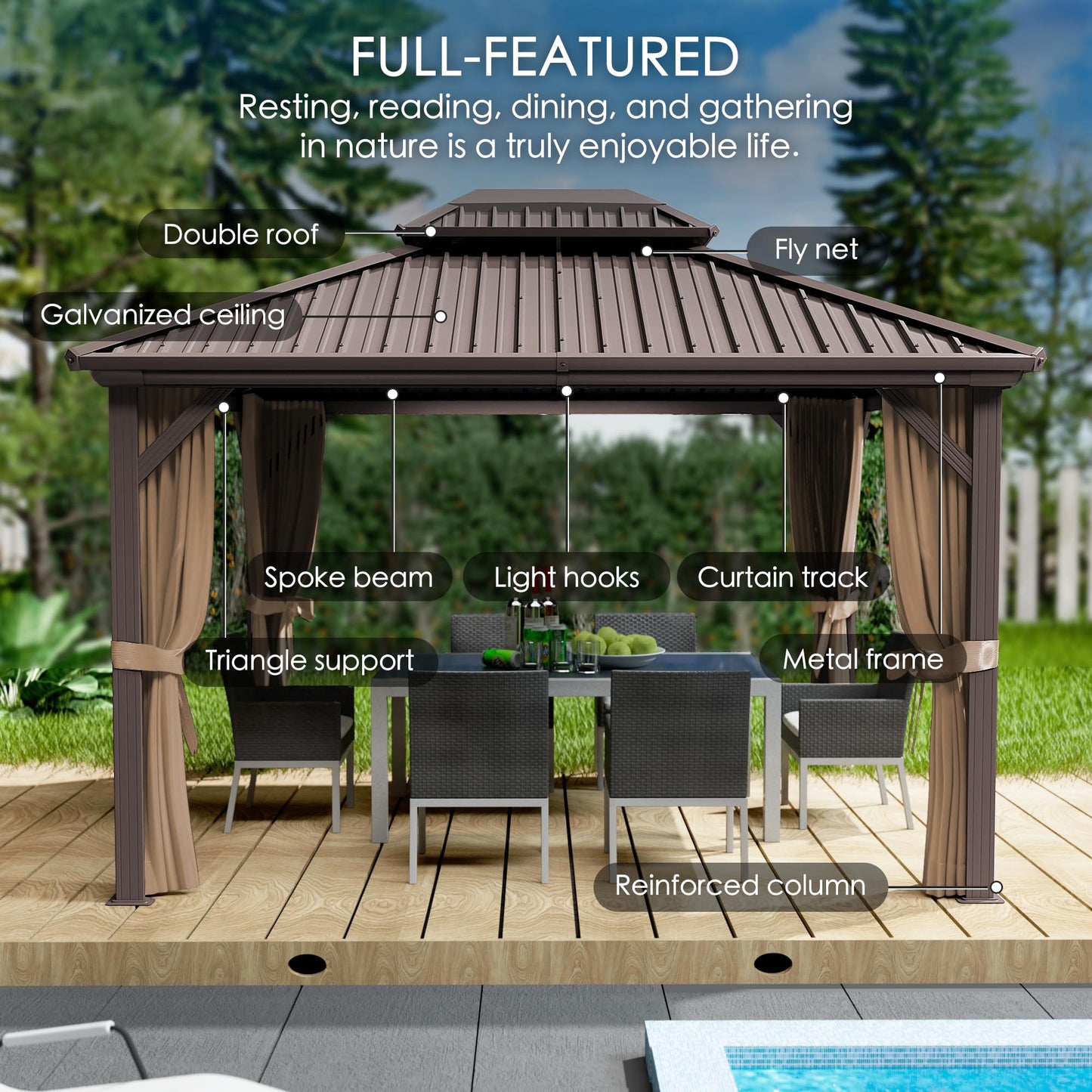 Kozyard Caesar 10'x12' Hardtop Gazebo - Permanent Metal Pavilion with Netting Shaded Curtains for Patio, Backyard, and Deck - Galvanized Steel Outdoor Aluminum Canopy, Double Roof Gazebo (Dark Brown)