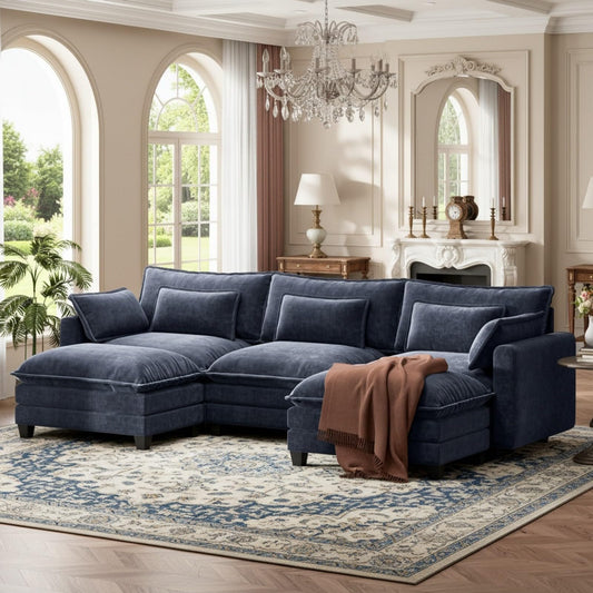 Marsail Modular Sectional Sofa 110.6" U-Shaped Modern Comfy Cloud Couch, 5-Seat Chenille Deep Seat Sofa with Throw Pillow & Movable Ottoman for Living Room, Bedroom and Apartment, Navy Blue