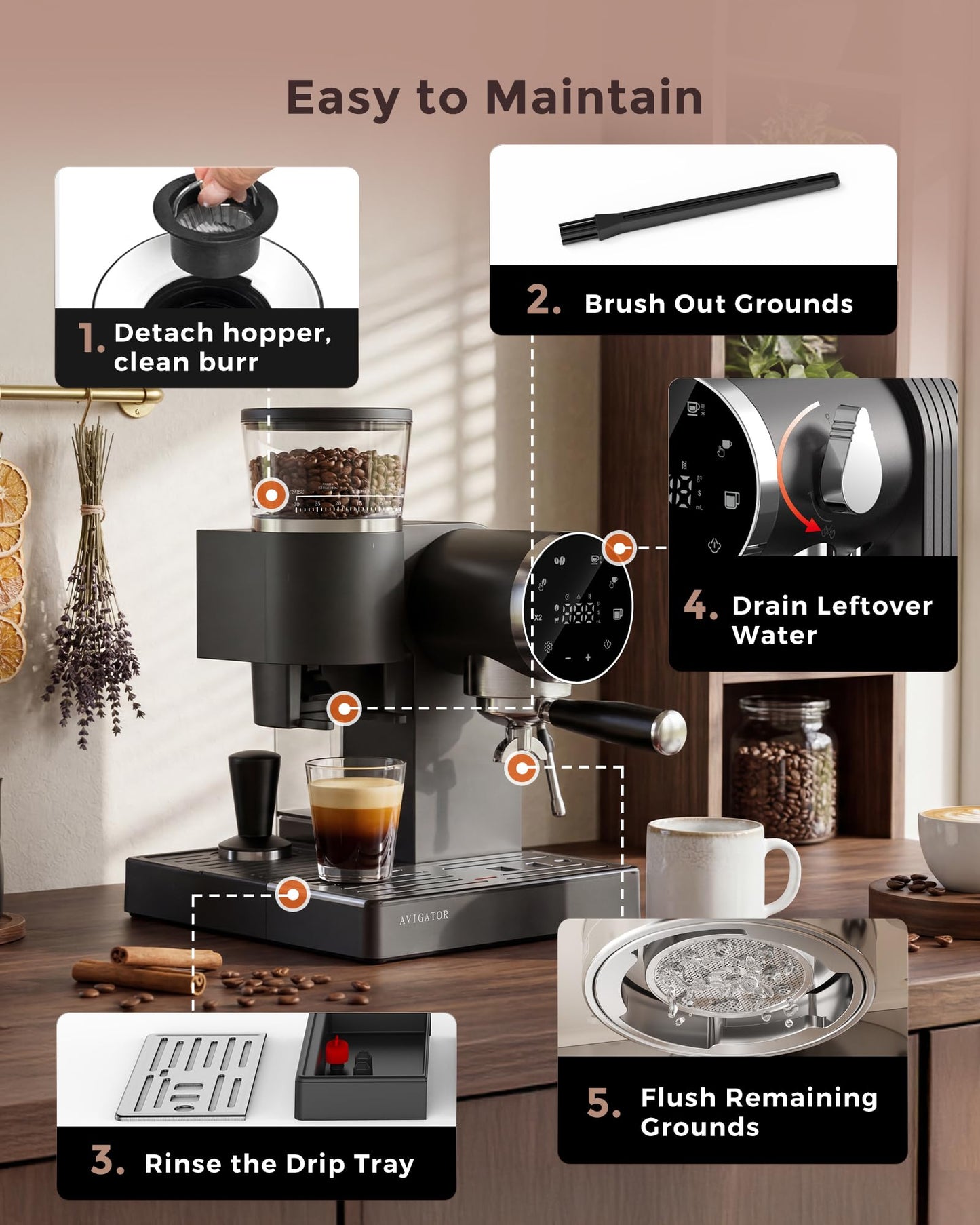 avigator 20 Bar Espresso Machine | LED Screen Touch Control | 6 Level Adjustable Grinder | Drip Coffee & Cold Brew, Milk Frother, Assisted Tamper & Built-In Accessory Storage Box | 50oz Tank