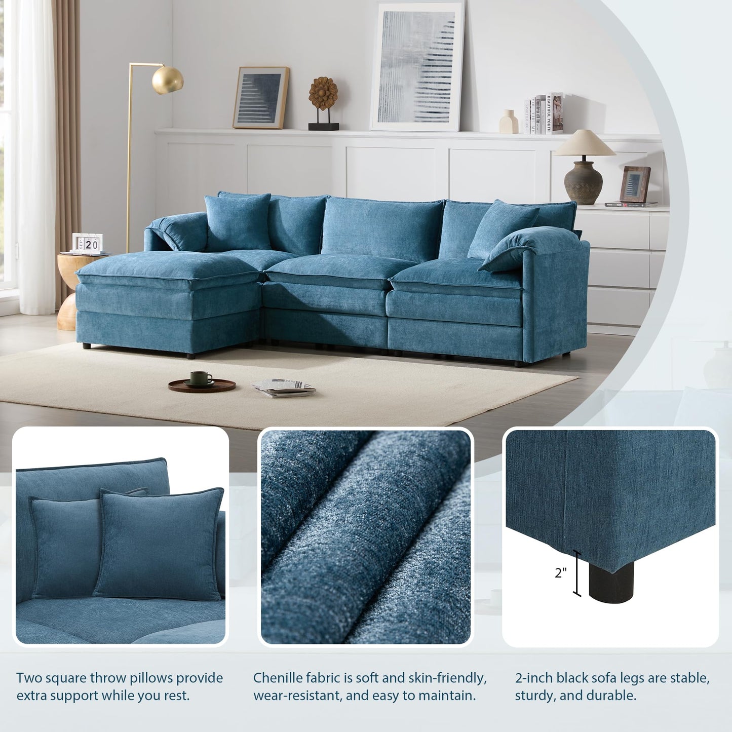 Merax Modern L Shaped Cloud Couch Set with Double Cushions, 4 Seat Sectional Sofa Sleeper Bed with Movable Ottoman & 2 Pillows, 103" Chenille Modular Sectional Sofa with Deep and Wide Seat, Blue