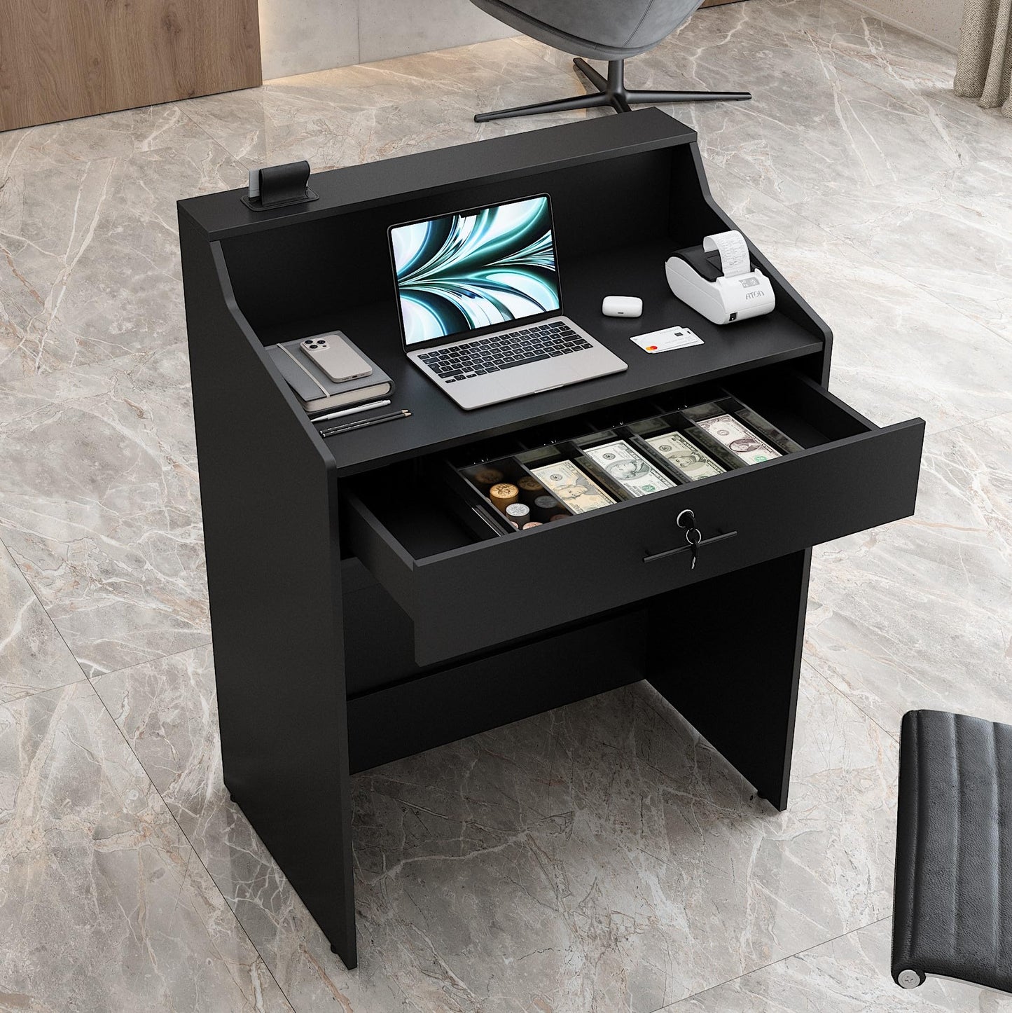 Small Reception Desk with Drawer, 32in Retail Counter, Checkout Stand