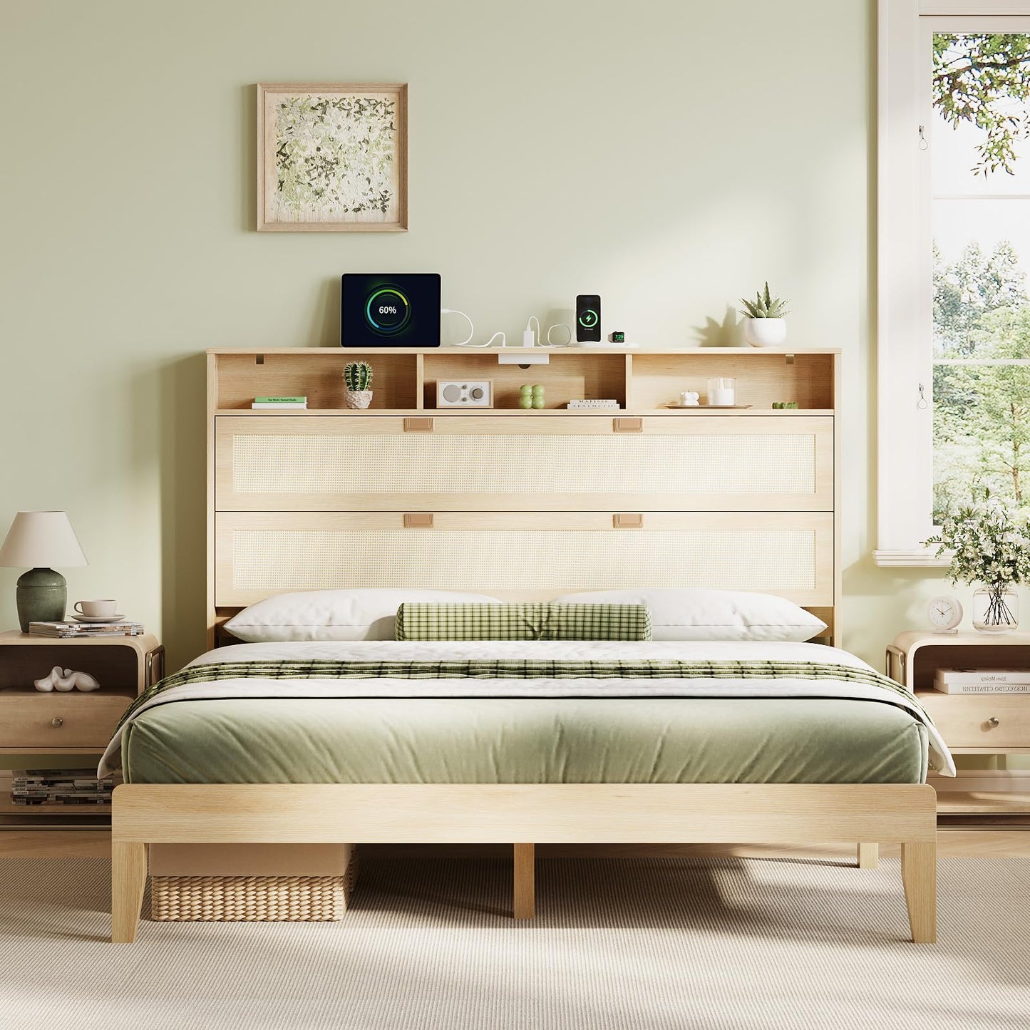 VINGLI Boho Queen Bed Frame with Shelves, Rattan Platform Bed with Storage Headboard and Charging Station, Modern Wood Bed Frame,No Box Spring Needed, Space Saving Design for Bedroom