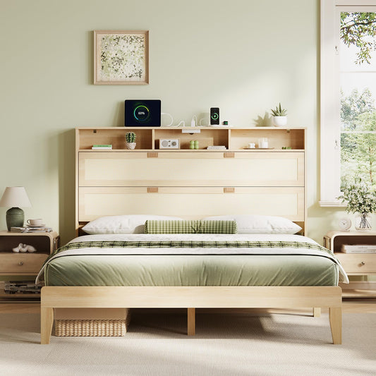 VINGLI Boho Queen Bed Frame with Shelves, Rattan Platform Bed with Storage Headboard and Charging Station, Modern Wood Bed Frame,No Box Spring Needed, Space Saving Design for Bedroom
