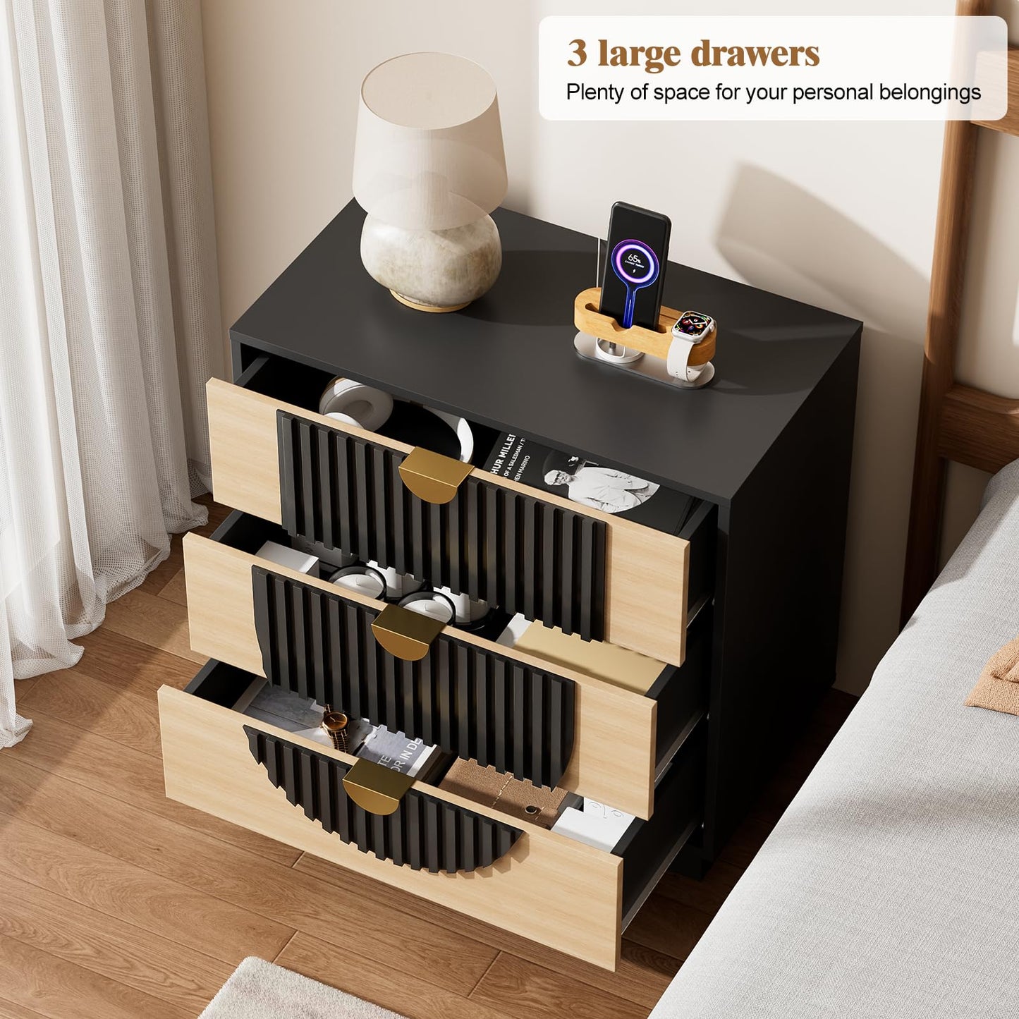 LegacyAmerhome 3 Drawer Nightstand with Charging Station,28" Fluted Night Stand & Modern Bedside Table, Wood End Table Storage Cabinet for Bedroom Hallway, Entryway,Black