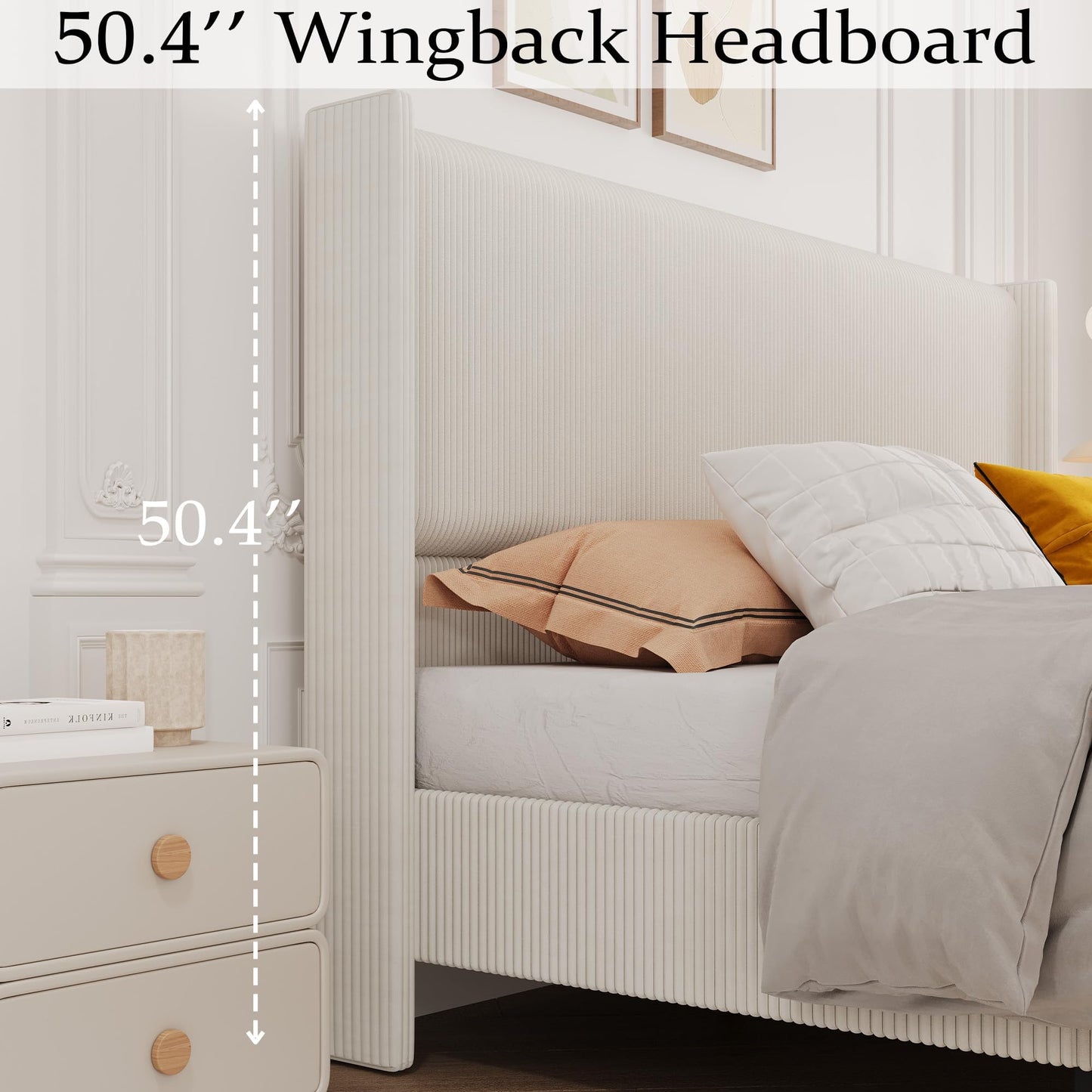 Garvee King Bed Frame with 50" Tall Wingback Headboard, Corduroy Upholstered Platform King Size Bed Frame, No Box Spring Needed, Sturdy Wooden Slats, Noise Free, Cream