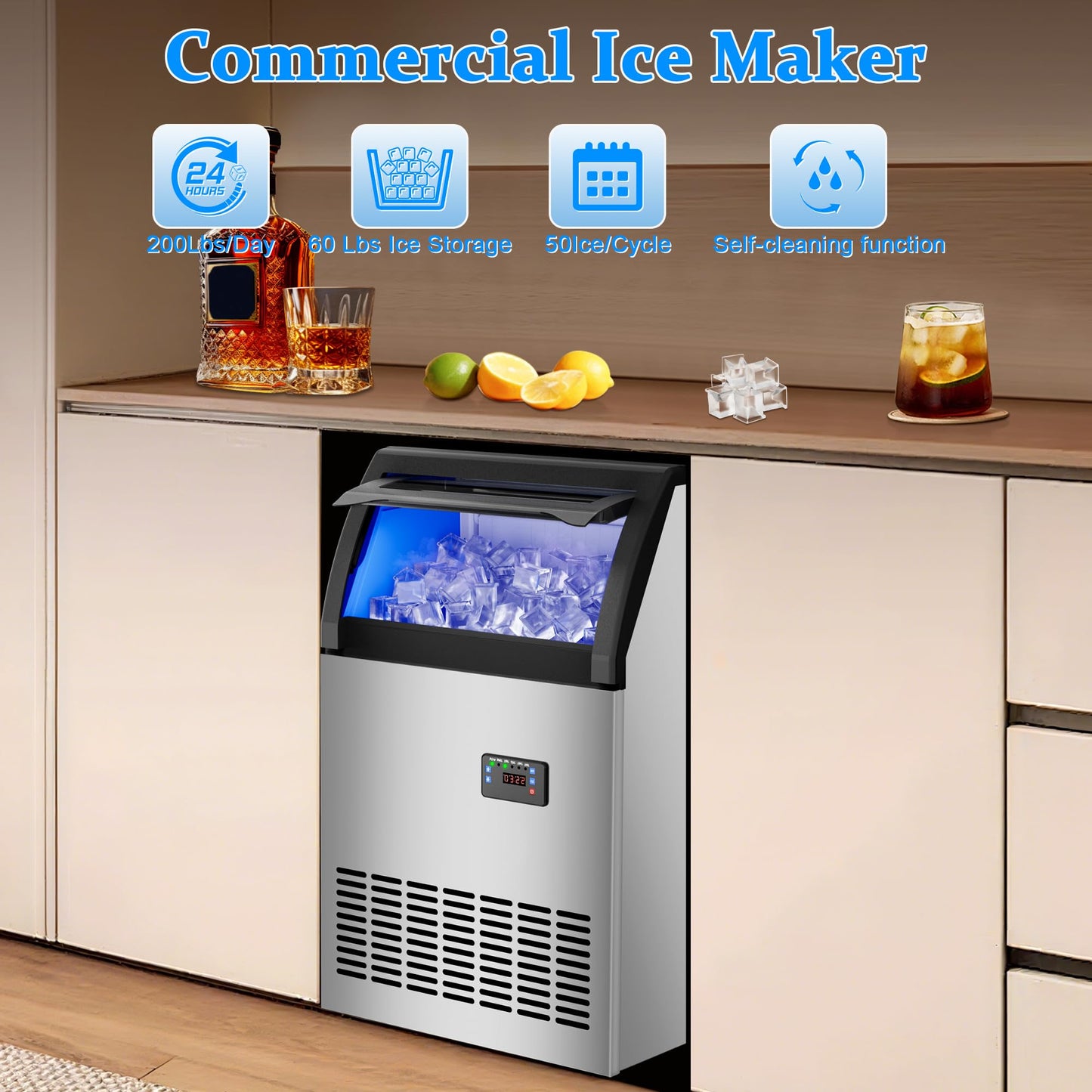 Commercial Ice Maker Machine 200lbs/24H,Stainless Steel Spray Drench Ice Maker 60lbs Storage,50pcs Hat Cubes Per Cycle,Freestanding Gourmet Ice Maker Self-Cleaning for Office, Restaurant, and Bar