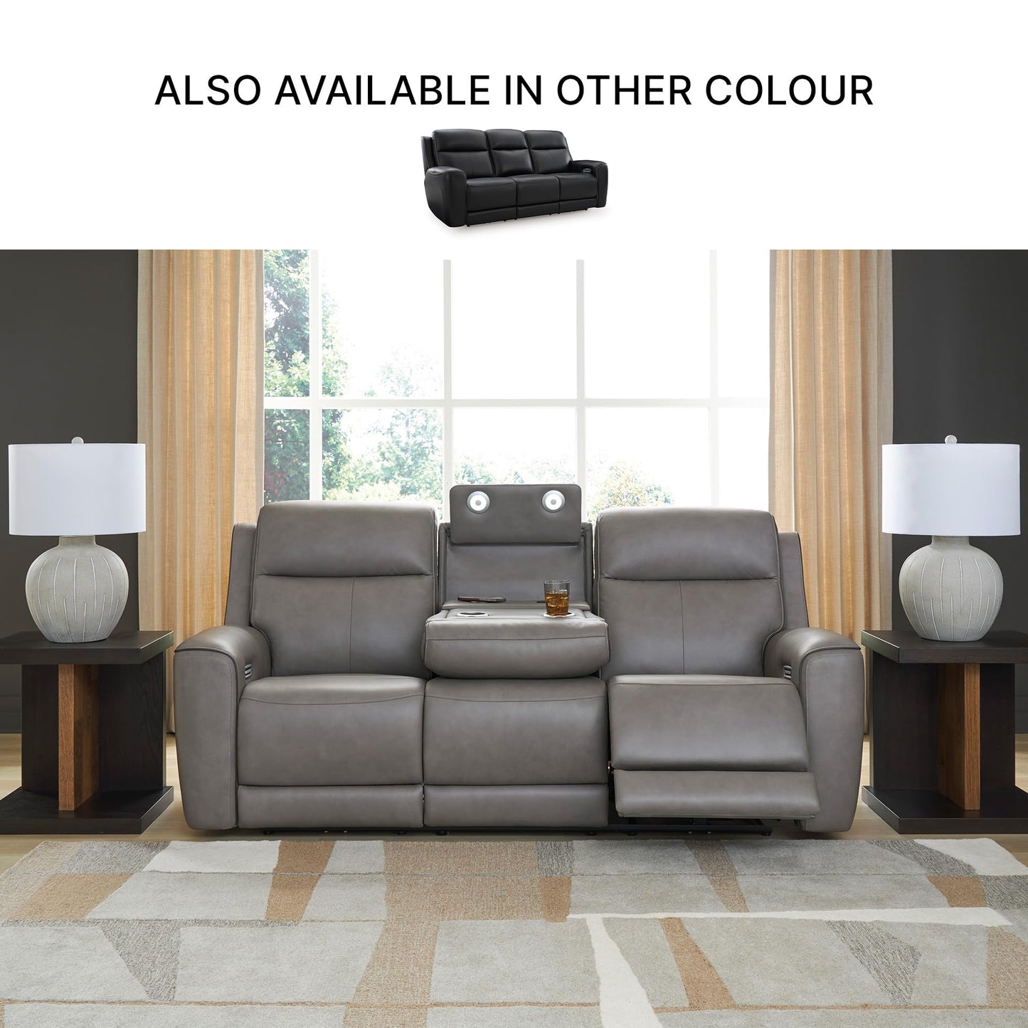 Signature Design by Ashley 5Z-Dreamlight Modern Leather Match Power Reclining Sofa with Drop Down Table, Massage System and Adjustable Headrest, Gray