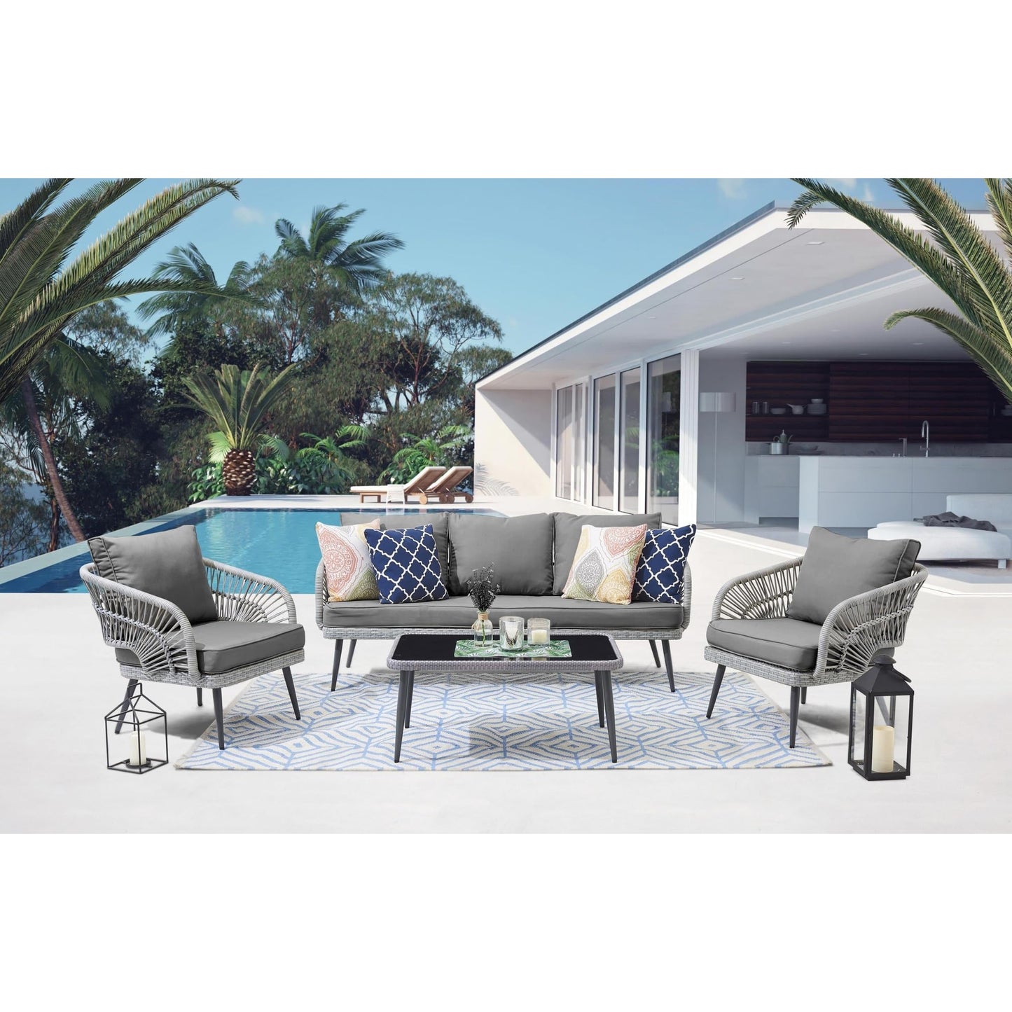 Manhattan Comfort Riviera 4-Piece 5 Seater Patio Conversation Set with Cushions, Grey