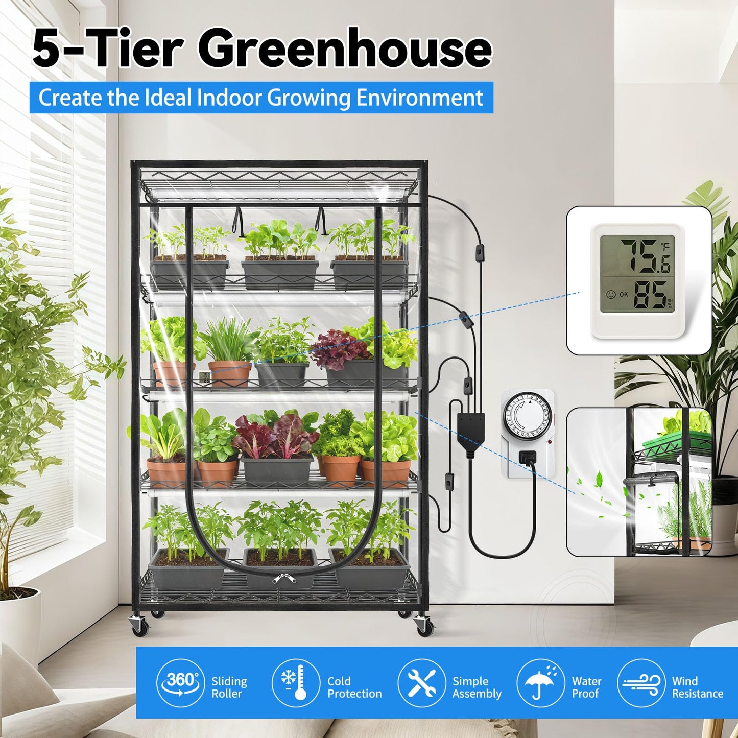 JESLED Indoor Greenhouse with Grow Light, 3FT Full Spectrum 5000K LED Light for Seed Starting, Tiered Lighting Control, Built-in Timer & Thermo-Hygrometer, Rolling Metal Plant Stand (35.4x13.8x70 in)