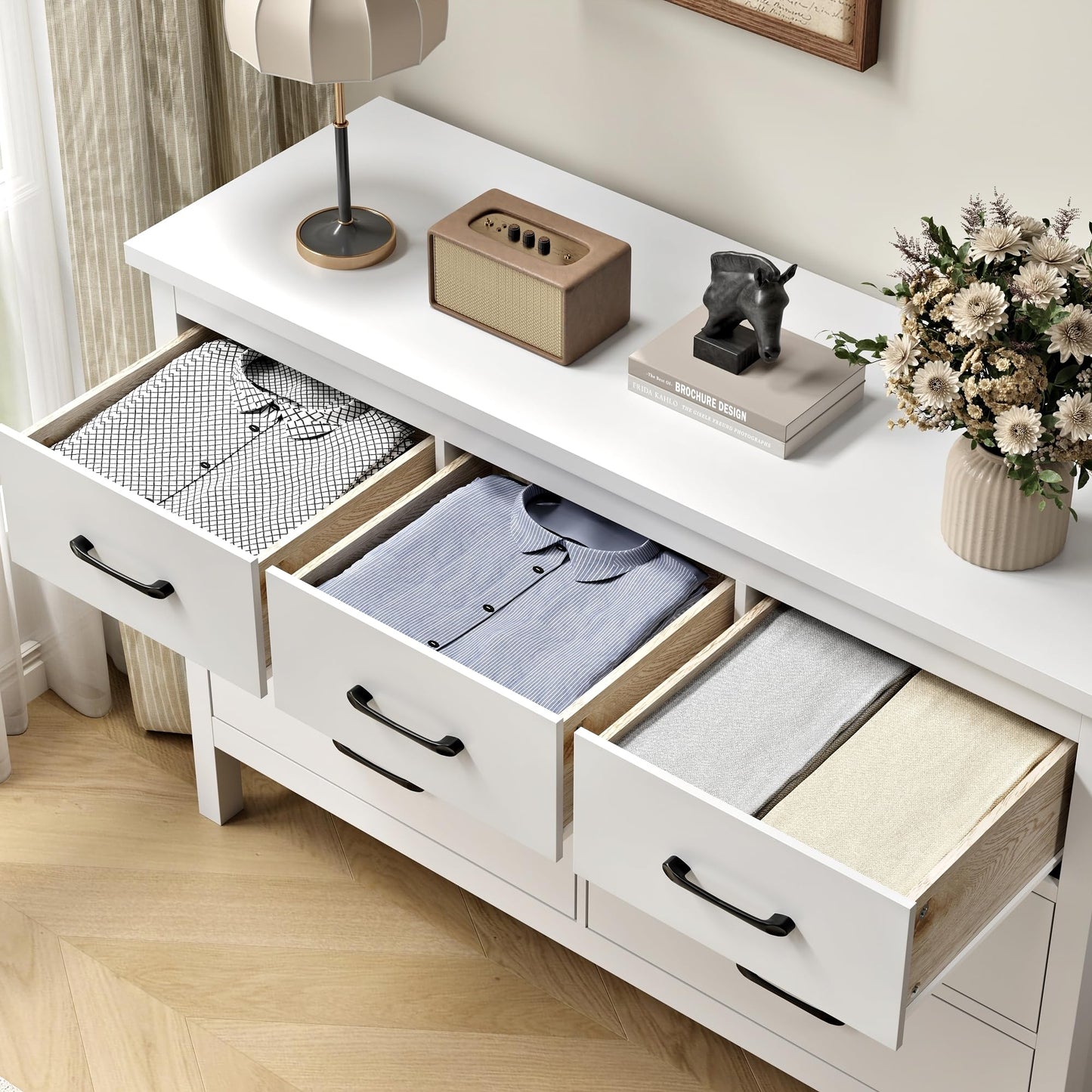 Tradare White Dresser for Bedroom with 7 Drawer,Wooden Double Dresser with Metal Handles, Wide Chest of Organizer Storage Drawers for Living Room, Hallway, Entryway