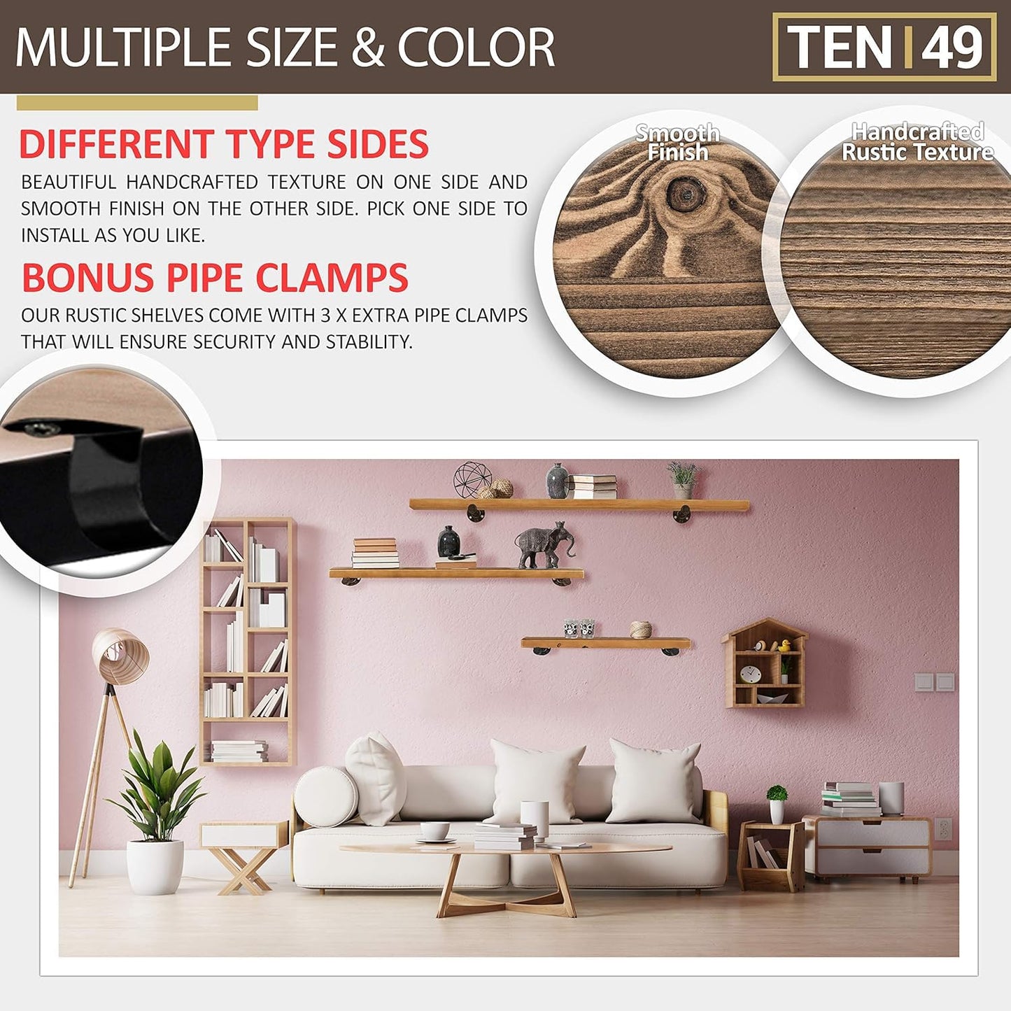 TEN49 Real Wood Rustic Floating Shelves Wall - 60 Wide Small Wooden Industrial Pipe Shelving 1.8 Thick - Farmhouse Pipe Wall Shelves Furniture Bathroom Decor Art Shelf - Dark Espresso Color - Set of 1