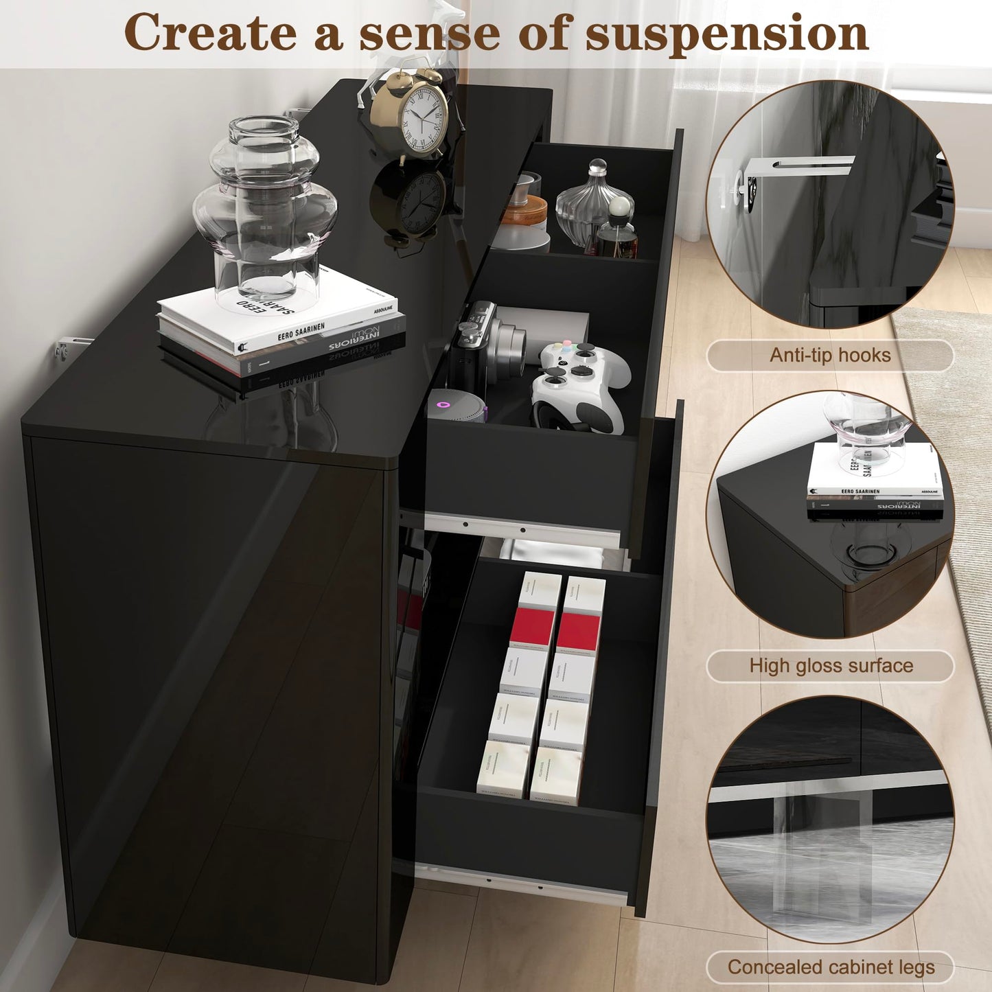 65" TV Stand with 2 Drawers & Hidden Storage Cabinets, High Gloss Black