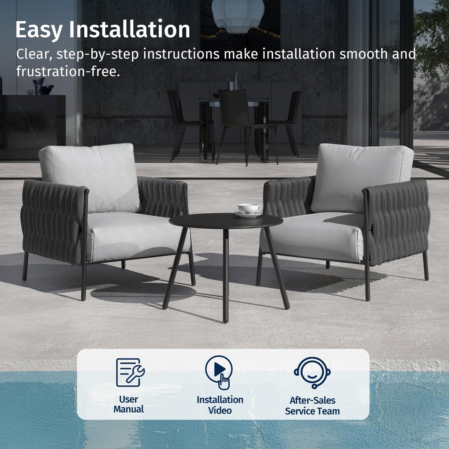 East Oak 3-Piece Patio Furniture Set | Armchairs & Coffee Table | Outdoor Furniture with Cushions | Deep Seating Modern Conversation Set | Garden, Porch, Balcony & Backyard | Misty Grey