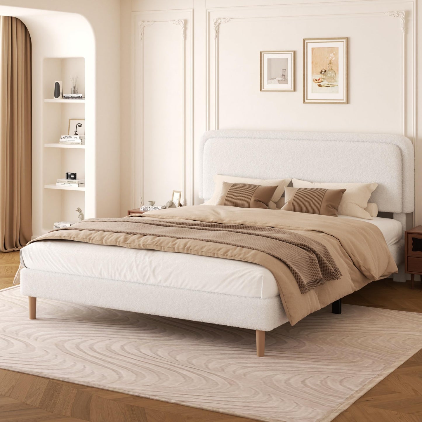 viplov King Size Boucle Upholstered Platform Bed Frame with Adjustable Headboard, Soft Cloud Bed, No Box Spring Needed, Noise Free, Easy Assembly, White