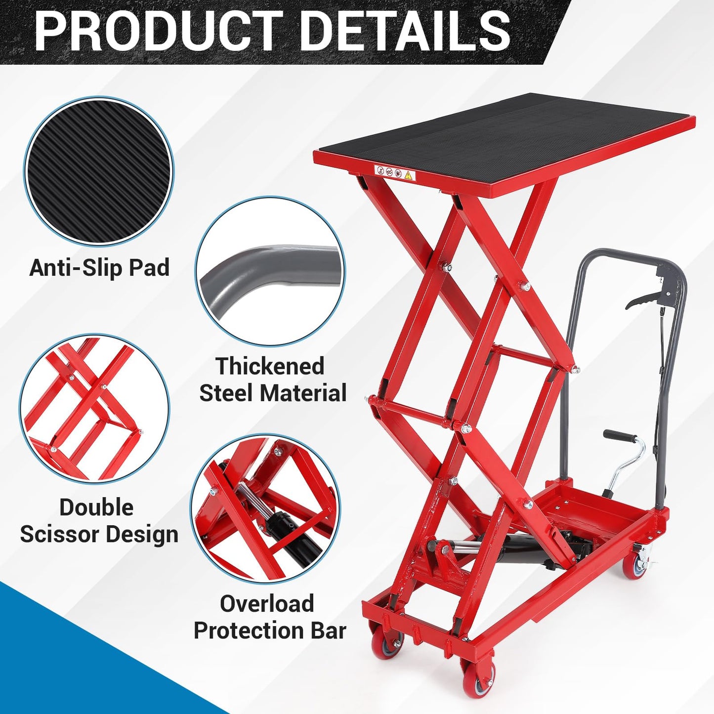 Garvee Hydraulic Lift Table Cart, 330 LBS Capacity 50" Lifting Height, Double Scissor Lift Table with 4 Swivel Wheels and Non-Slip Pad for Material Handling and Transportation, Red