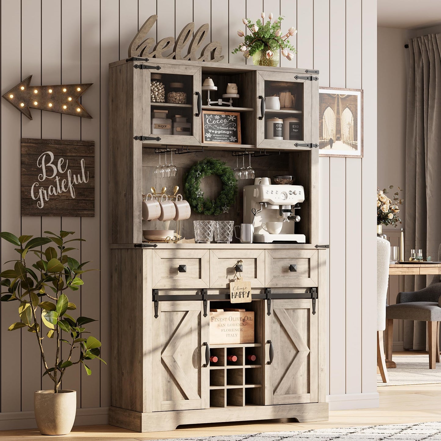 72 in Farmhouse Bar Cabinet with Sliding Barn Door, Tall Kitchen Buffet with Storage Hutch and 3 Drawer, Rustic Coffee Wine Bar Sideboard with Wine & Glasses Rack, for Living Room, Washed Grey