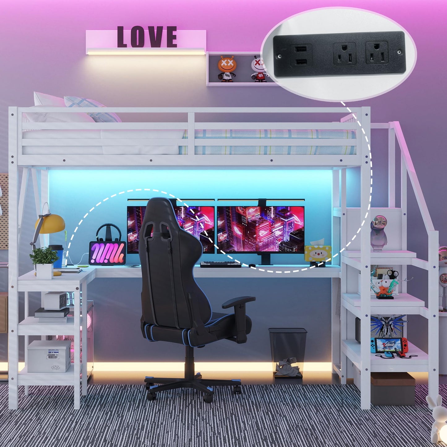KEIKI Full Size Metal Loft Bed Frame with L-Shaped Desk & Staircase & Wardrobe & USB, Modern Style Loft Bed with Solid Slat & Guardrail, No Box Spring Required, Easy Assembly, for Bedroom, White