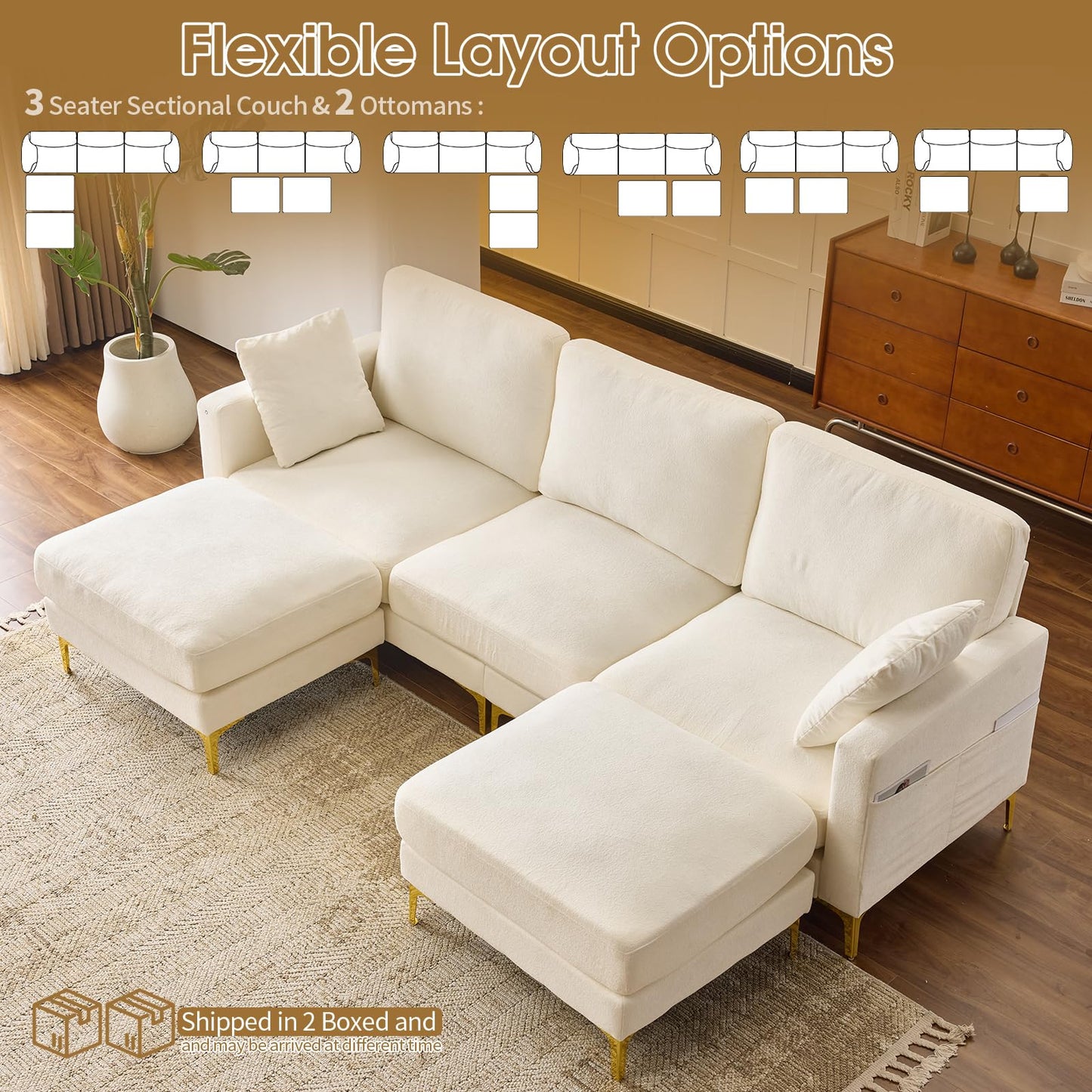 VINGLI 100" W U Shaped Couch with Ottoman, 22" Deep Seat Comfortable Sectional Couches for Living Room, 3 Seater Chenille Fabric Cloud Sofa for Apartment, Small Spaces, Bedroom, Beige