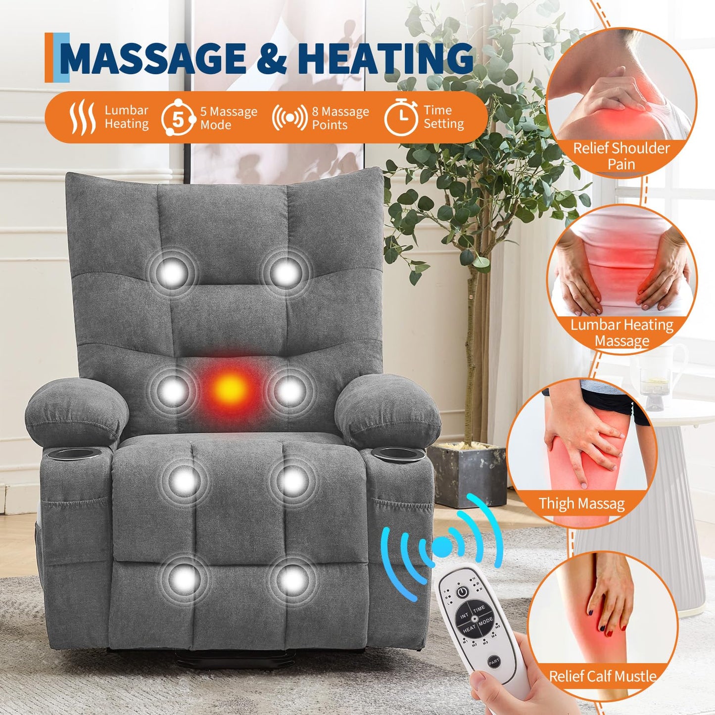 GarveeHome Power Lift Recliner Chair for Elderly with Massage and Heat, Oversized Electric Massage & Heat Recliner with Soft Padded Upholstery, Side Pocket & Cup Holders for Living Room, Gray