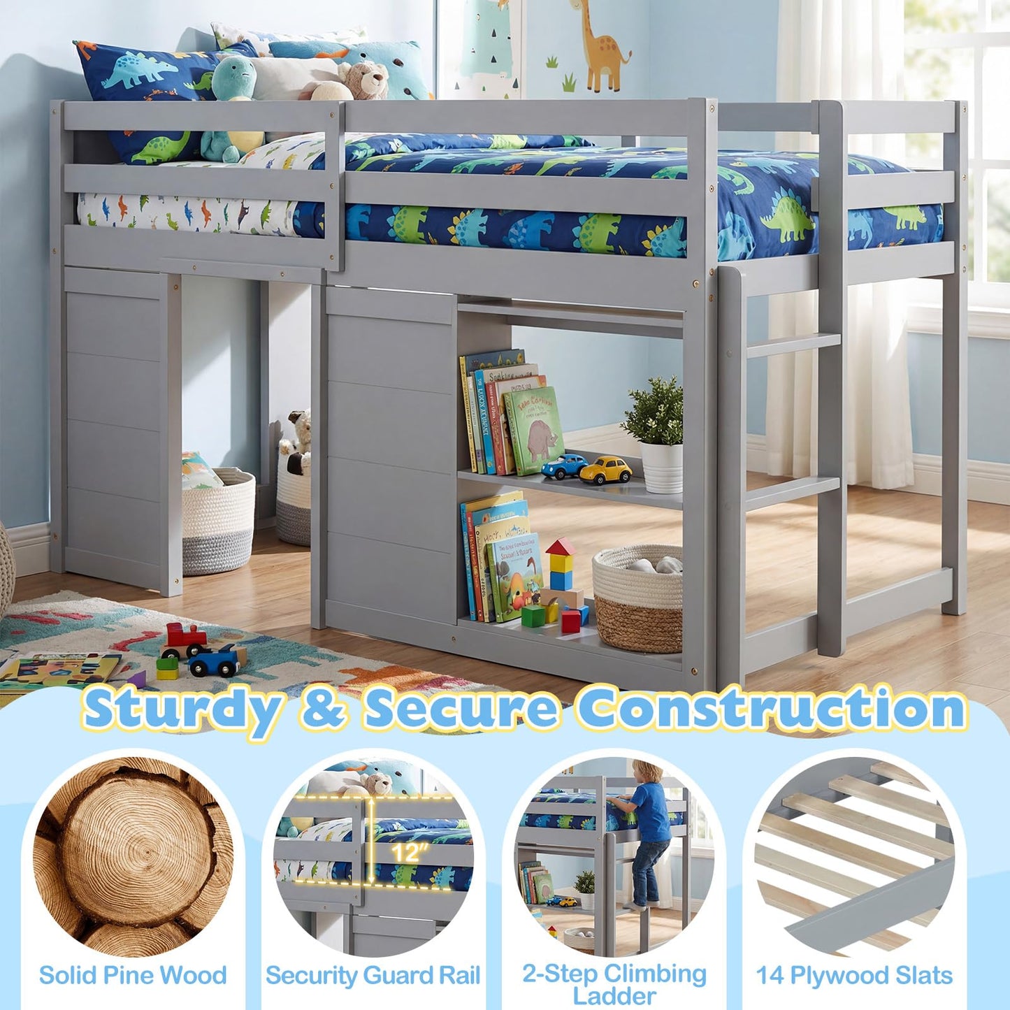 Giantex Loft Bed Twin Size with LED Lights, Wooden Low Bed Frames for Kids w/2 Doors, Under-Bed Play Space & Storage Bookcase, Modern Bedframe with Ladder & Safety Guardrail for Boys Girls (Grey)
