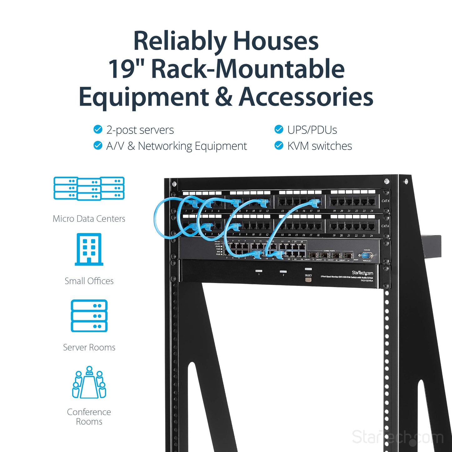 StarTech 16U 2-Post Open Frame Desktop Server Rack, 19in Compact Space-Saving Floor IT Rack with 350lb (160kg) Weight Capacity
