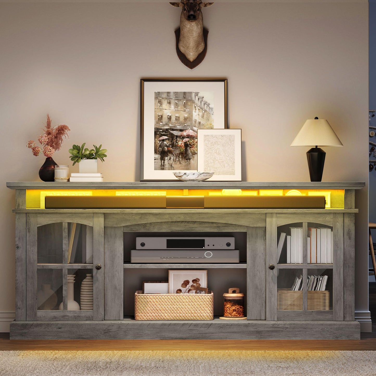 YITAHOME LED Farmhouse TV Stand for 75 Inch w/Outlets, Modern Entertainment Center with Glass Doors and Adjustable Storage Shelves, Media Console TV Cabinet for for Living Room, Grey