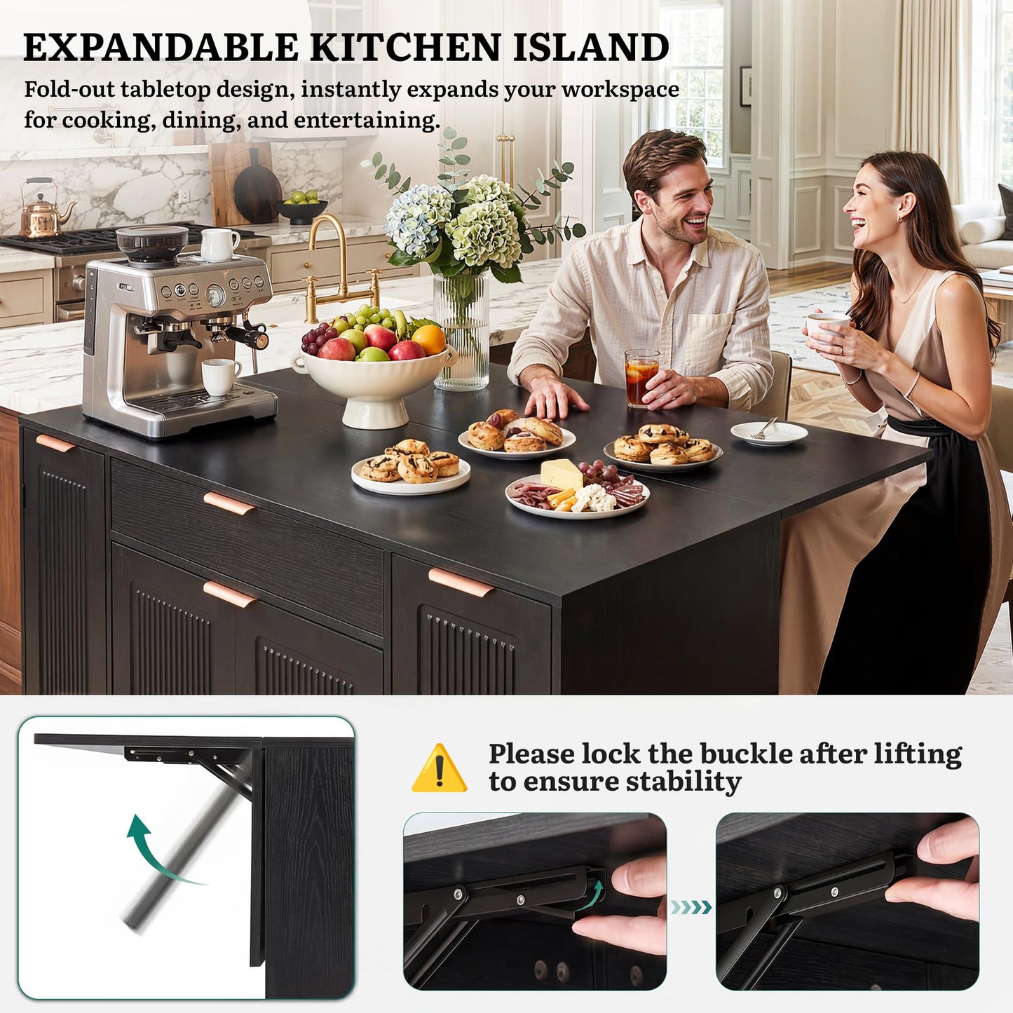 YITAHOME Expandable Kitchen Island with Hidden Trash Cabinet, 55.1" Rolling Kitchen Island with Drop Leaf, Storage Drawer & 3-Tier Side Shelves, Mobile Kitchen Island on Wheels with Towel Bar & Hooks