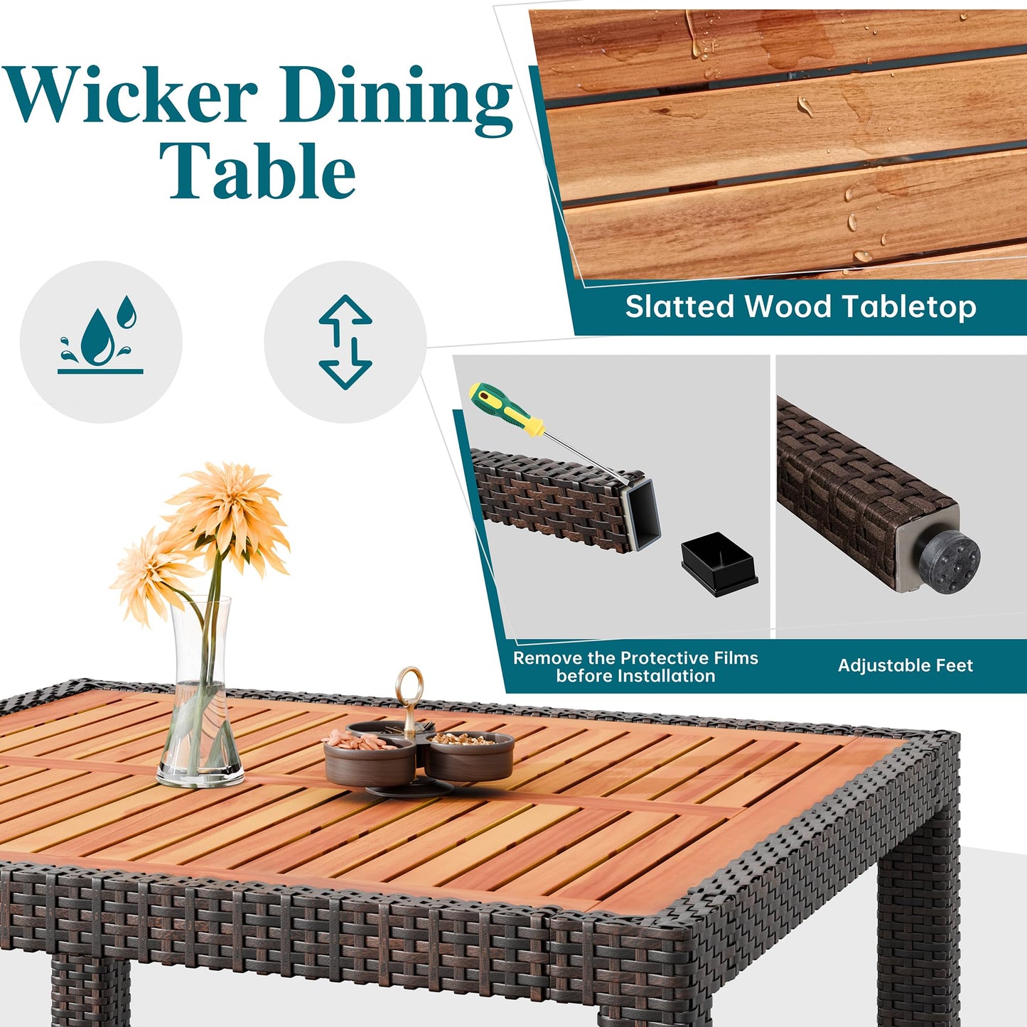 Shintenchi 5 PCS Patio Dining Set, Wicker Outdoor Table and Chairs with Soft Cushions, Patio Furniture Set with Wood Table Top for Backyard, Deck and Garden, Brown Rattan