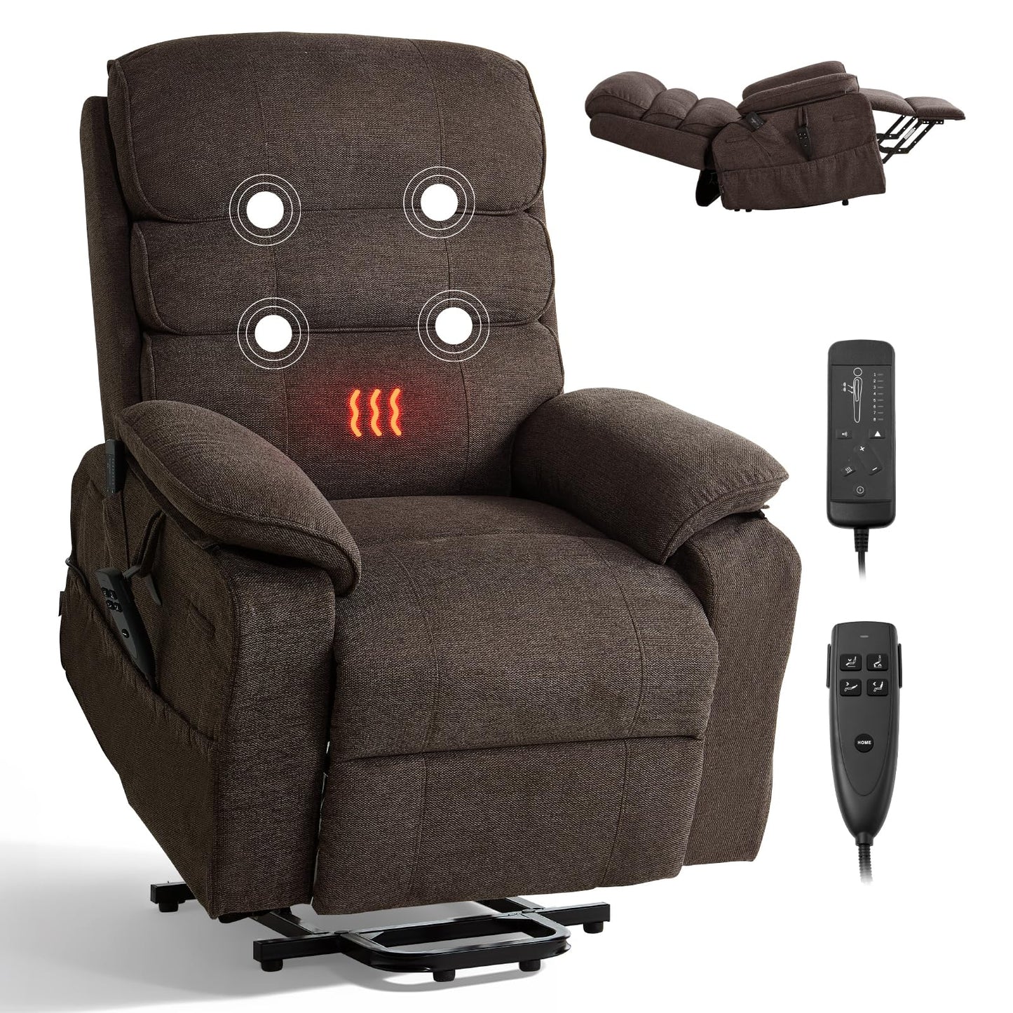 VEVOR Power Lift Recliner Chair, Dual Motor Lift Chair with Heat and Massage for Elderly, Position Adjustable, Remote Control, with Side Pockets, Chenille Fabric, Brown