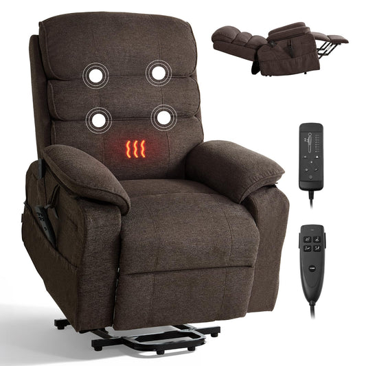 VEVOR Power Lift Recliner Chair, Dual Motor Lift Chair with Heat and Massage for Elderly, Position Adjustable, Remote Control, with Side Pockets, Chenille Fabric, Brown