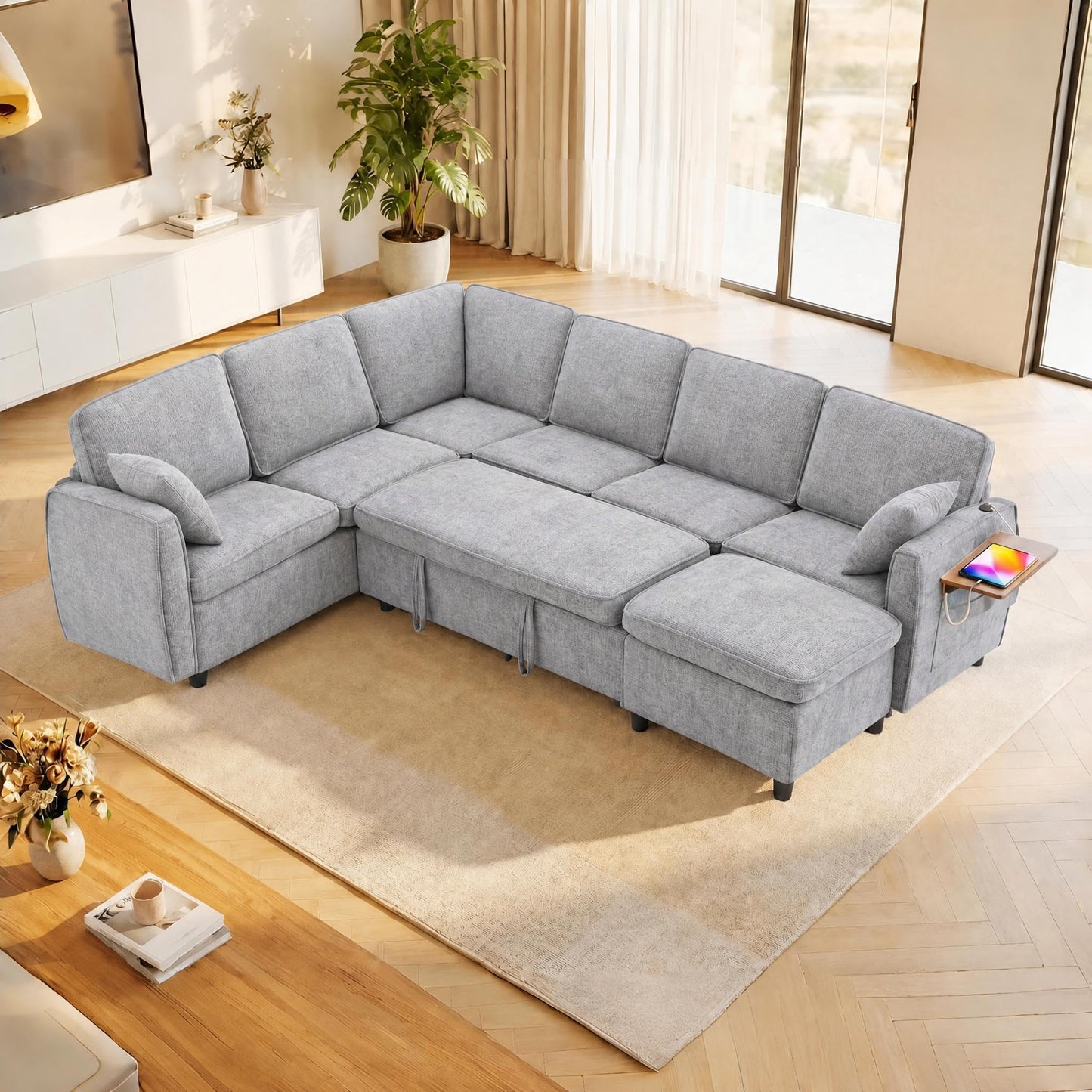 Modular Sectional Couch with Pull Out Sofa Bed, 116" U Shaped Modular Cloud Sofa Set with Ottoman, Charging Port & Foldable Side Table, 7 Seater Comfy Chenille Sleeper Couch for Living Room, Grey
