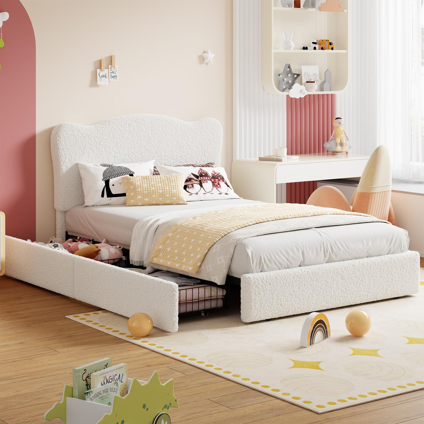 Garvee Upholstered Full Size Bed Frame for Kids with 2 Drawers, Velvet Twin Bed for Girls, Boys, Sturdy Platform Bed, No Box Spring Needed, Noise Free, Beige