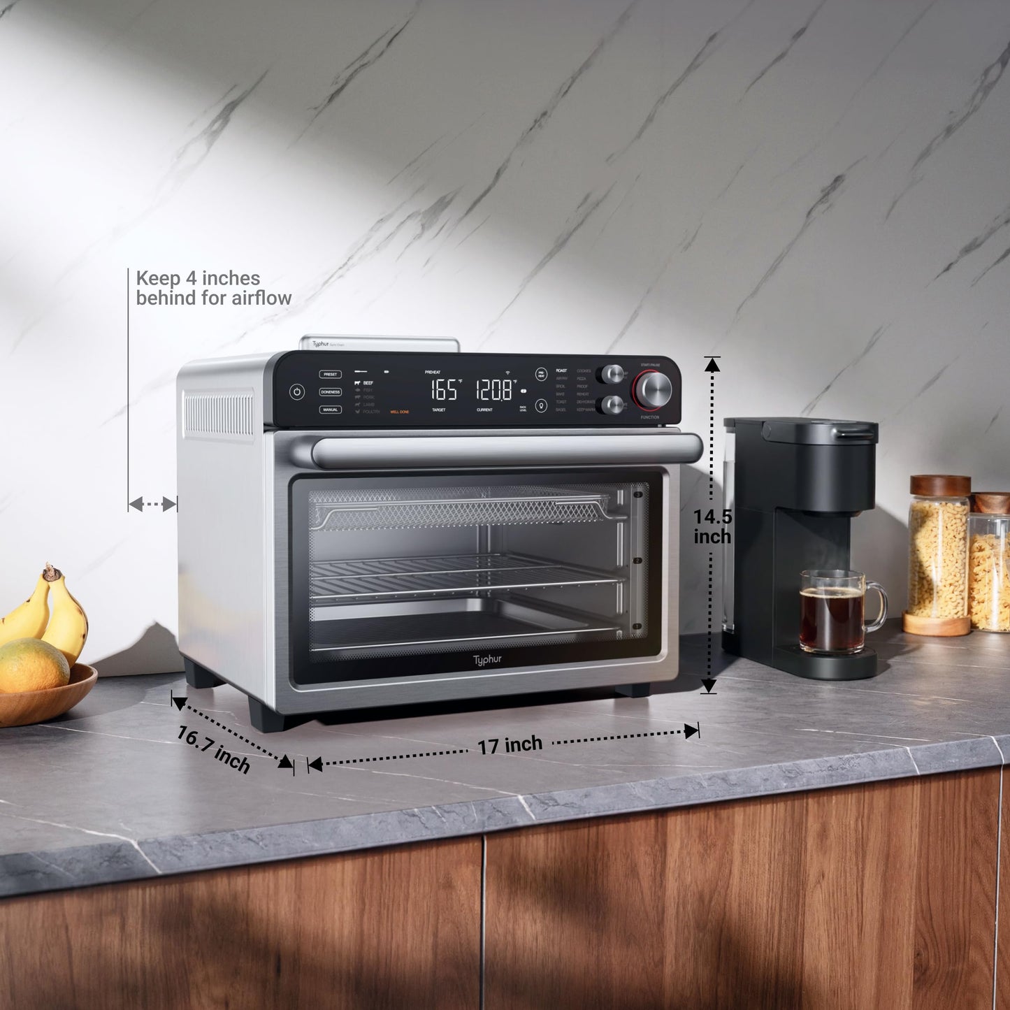 Typhur Sync Oven with Smart AI Wireless Meat Thermometer Probe, 12‑in‑1 Countertop Air Fryer Toaster Oven Combo, 360° Turbo Convection, Dehydrator, Recipe & 5 Accessories, Large 27QT, Stainless Steel