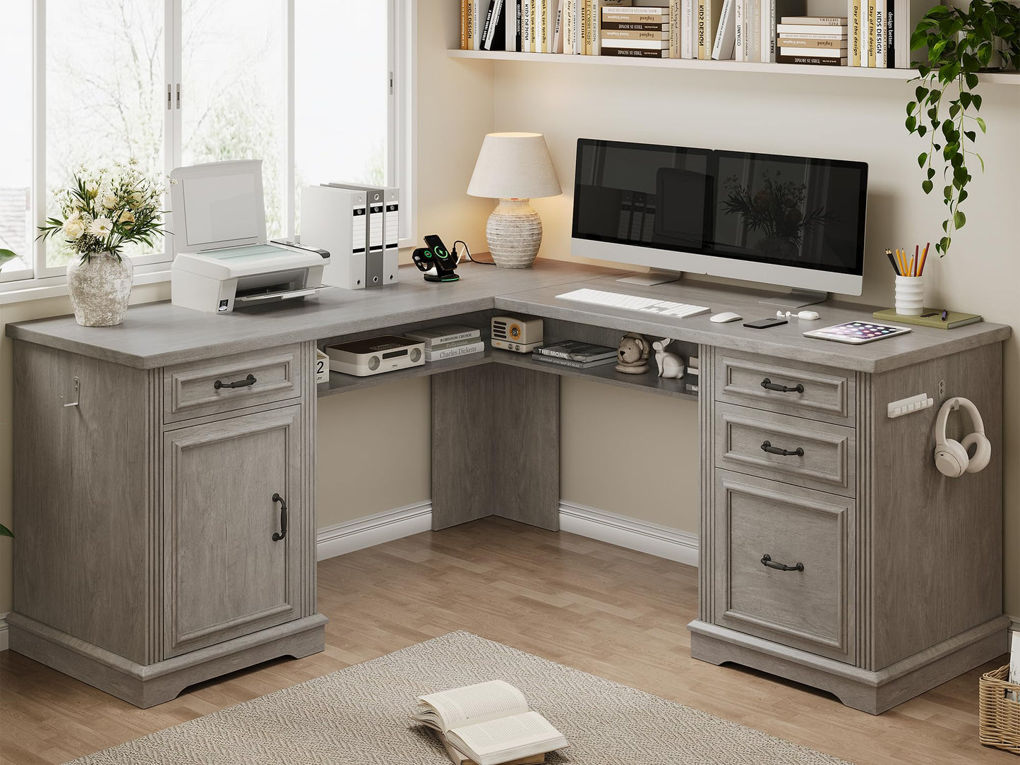 Farmhouse L Shaped Executive Desk with 4 Drawers, Home Office Desk with Hidden Under-Desk Storage Shelf and Charging Station, File Cabinet Storage, Wood Corner Computer Desk for Work and Study(Grey)