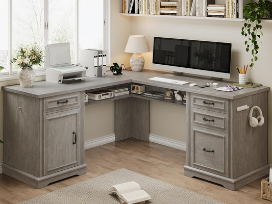 Farmhouse L Shaped Executive Desk with 4 Drawers, Home Office Desk with Hidden Under-Desk Storage Shelf and Charging Station, File Cabinet Storage, Wood Corner Computer Desk for Work and Study(Grey)
