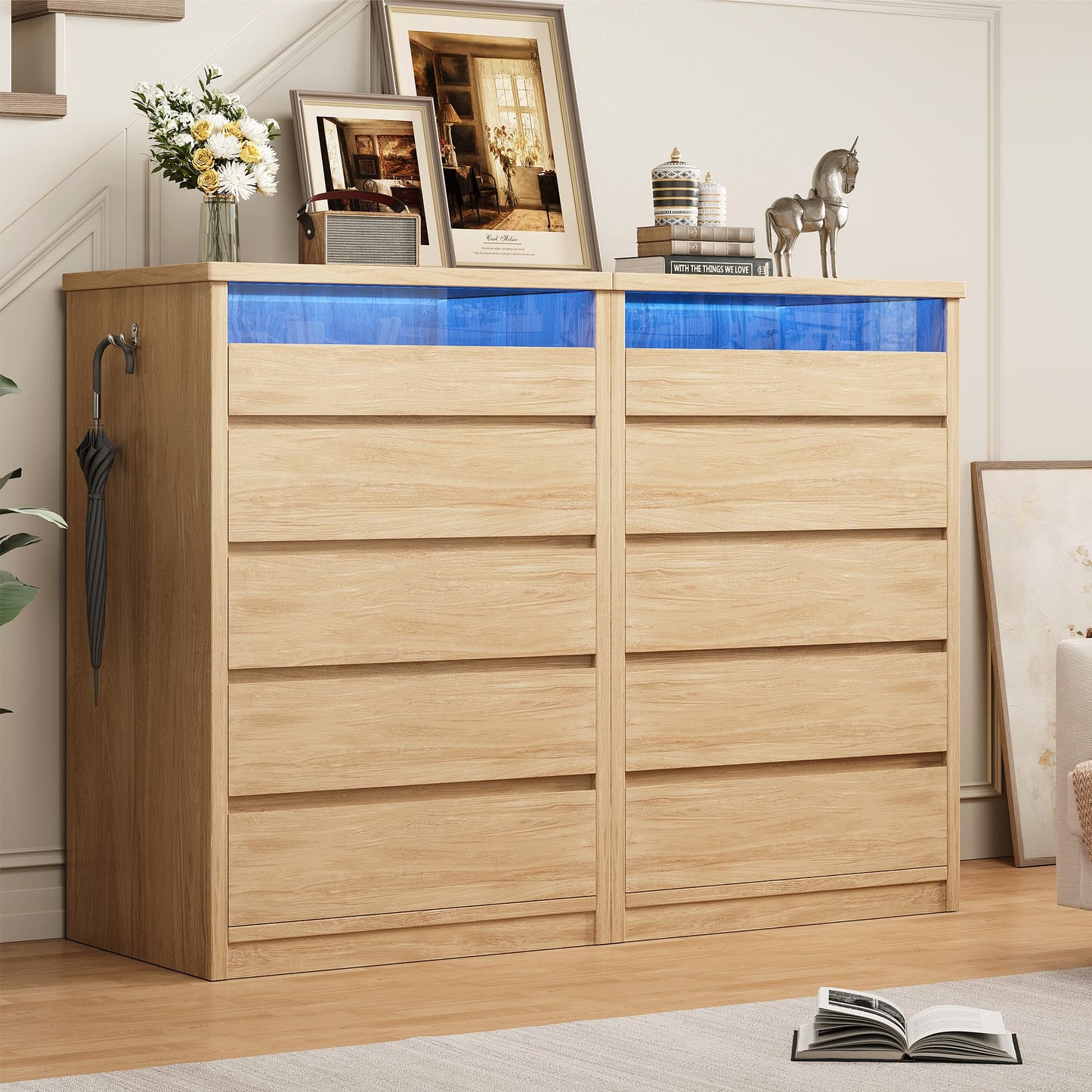 Jocoevol 5 Drawer Dresser for Bedroom with LED Light, Modern Chest of Drawers with Hidden Handles, Tall Wooden Dresser Closet for Living Room, Entryway, Hallway - Oak