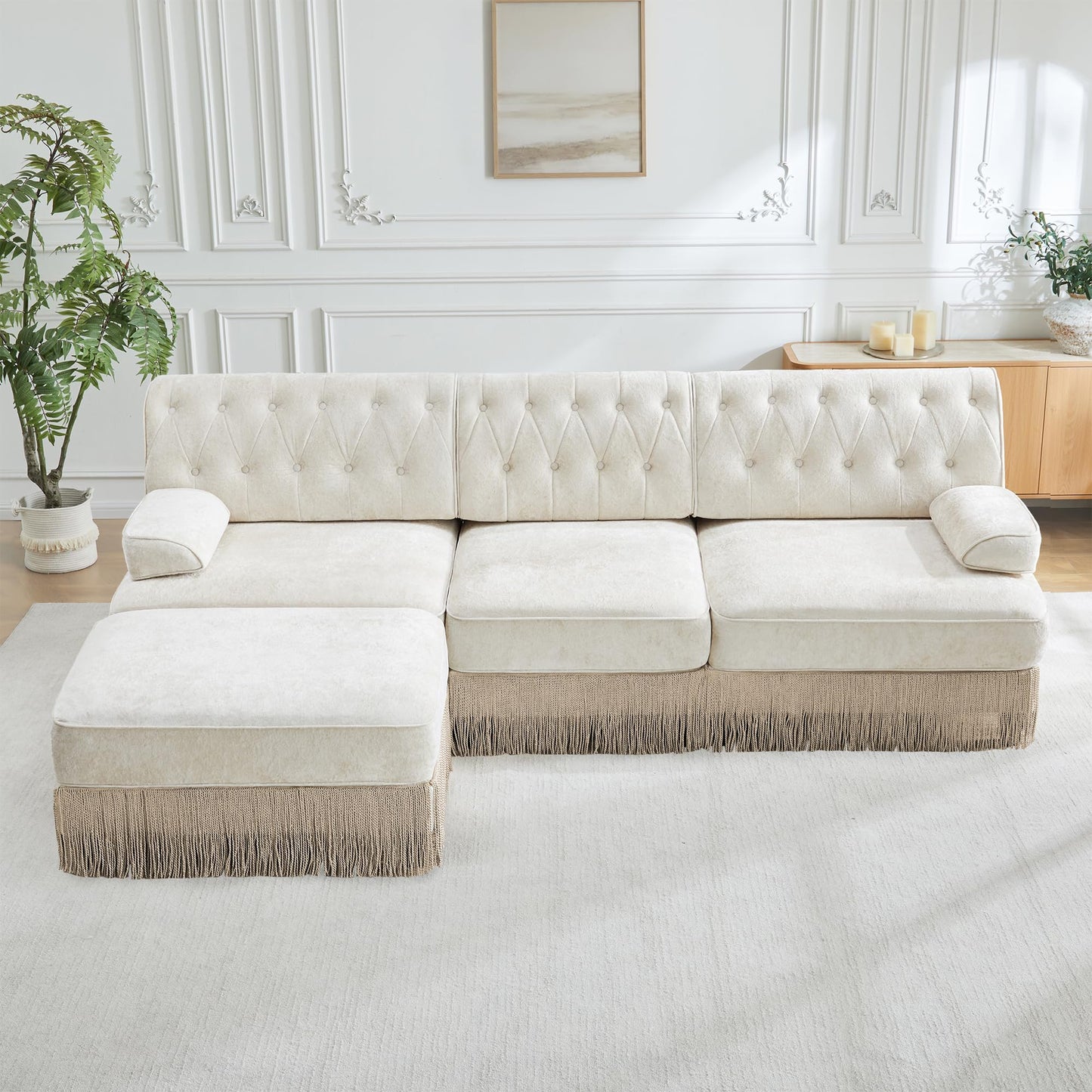 KEIKI 106" L-Shaped Velvet Chesterfield Style Modular Sectional Sofa, Oversized Button Tufted 3-Seater Couch with 1 Ottoman & Floor-grazing Tassel Fringe Skirt, Easy Assembly, for Living Room, Beige