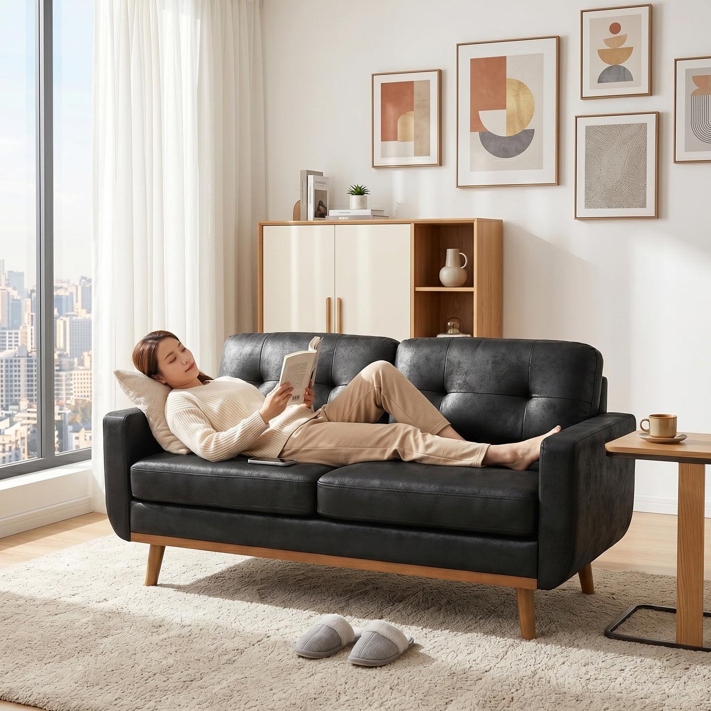 Ball & Cast 65" Loveseat Sofa,Mid Century Modern Love Seat Couches for Living Room,Button Tufted Upholstered Small Couch with Solid Wood Legs for Bedroom,Apartment,Office,Fabric,Black