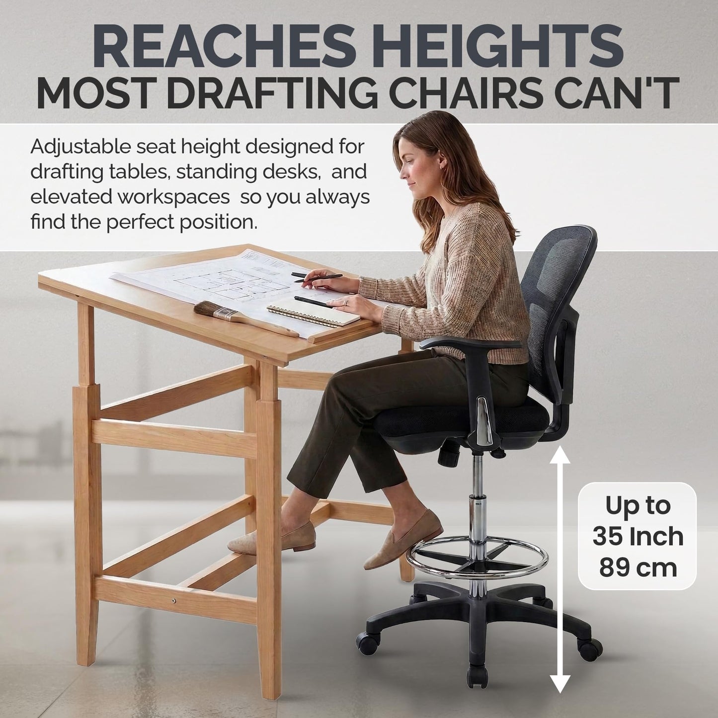 OfficeFactor Drafting Chair Tall Office Chair with Arms Executive Ergonomic Standing Desk Chair with Anti Scratch Wheels and Footrest