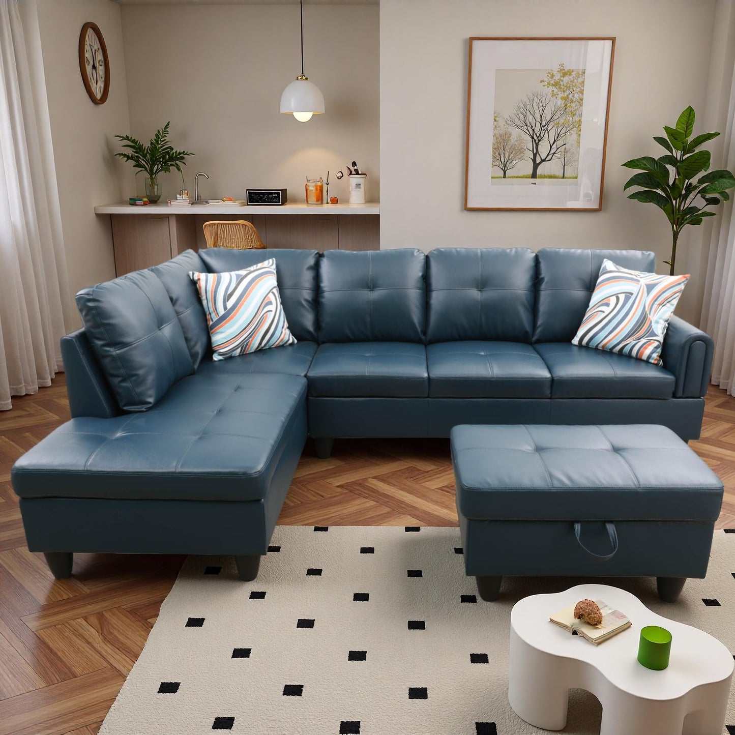 Trygoal 97" Leather 4-Seat L-Shaped Sectional Sofa with Movable Chaise & Storage Ottoman - 3-Piece Modular Convertible Couch for Living Room, Bedroom, Apartment & Office, Gray Blue
