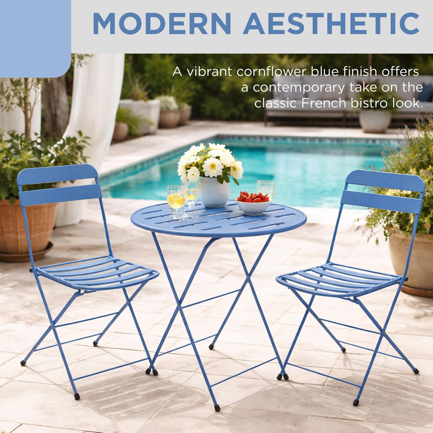 Alpine Corporation VTFAM168A-BL 3-Piece Blue Metal Folding Bistro Set – 20" Round Patio Table with 2 Folding Chairs – Portable Indoor/Outdoor Balcony & Garden Furniture Set