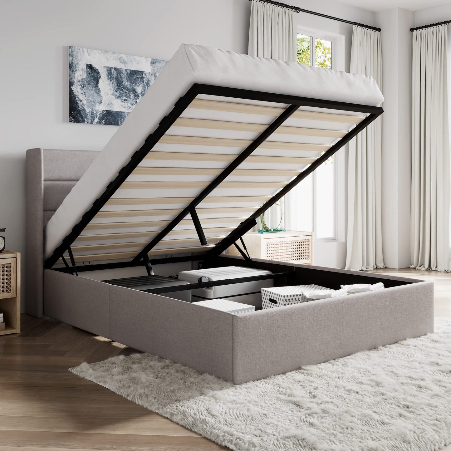 SHA CERLIN Queen Size Lift Up Storage Bed/Modern Wingback Headboard/Upholstered Platform Bed Frame/Hydraulic Storage/No Box Spring Needed/Wood Slats Support/Light Beige