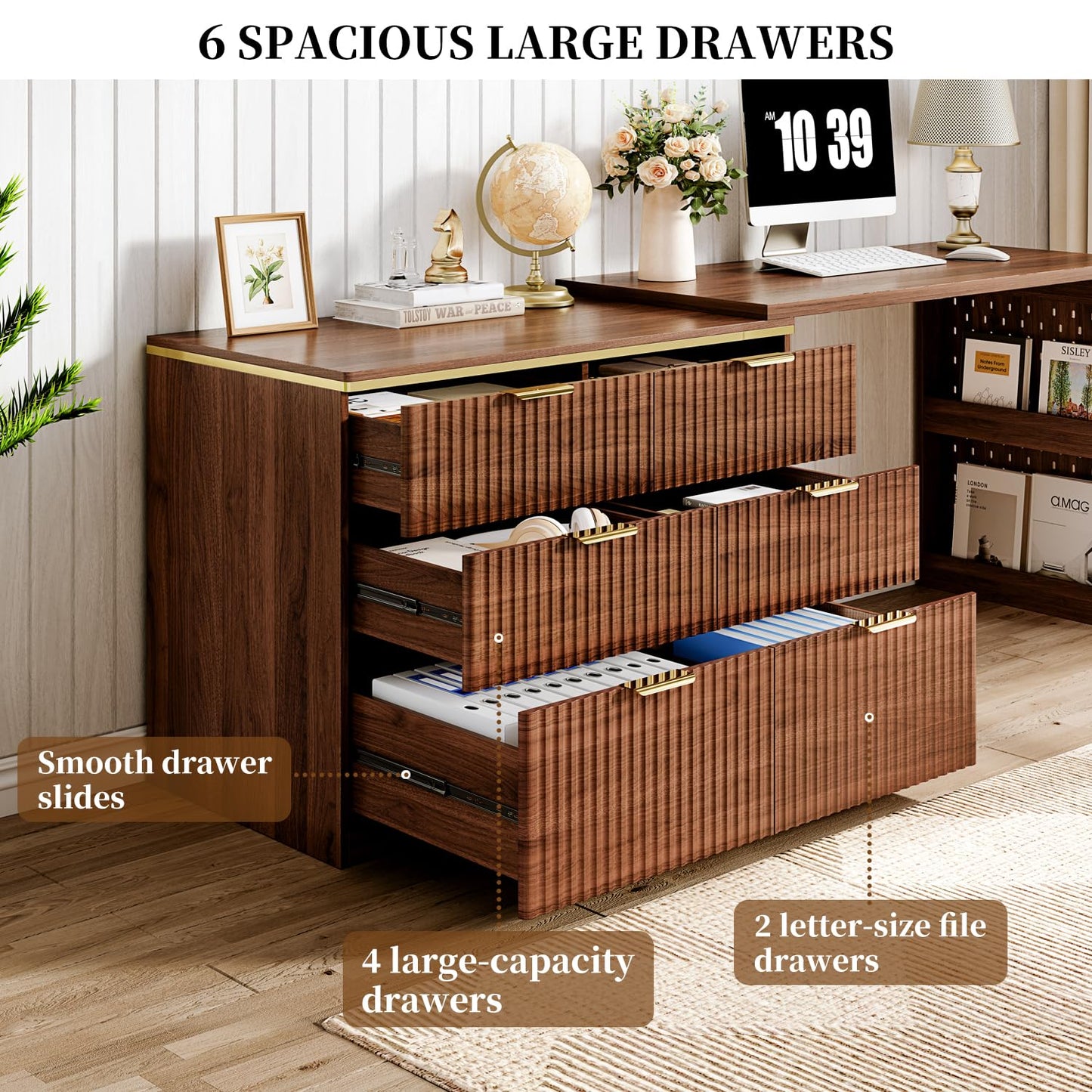 Ieejdn Computer Desk with 6 Drawers, 78" Modern Writing Desk with 0.98" Thickened Desktop & Storage Shelves, Adjustable direction & Extendable Executive Office Desk Study Table for Home Office, Walnut