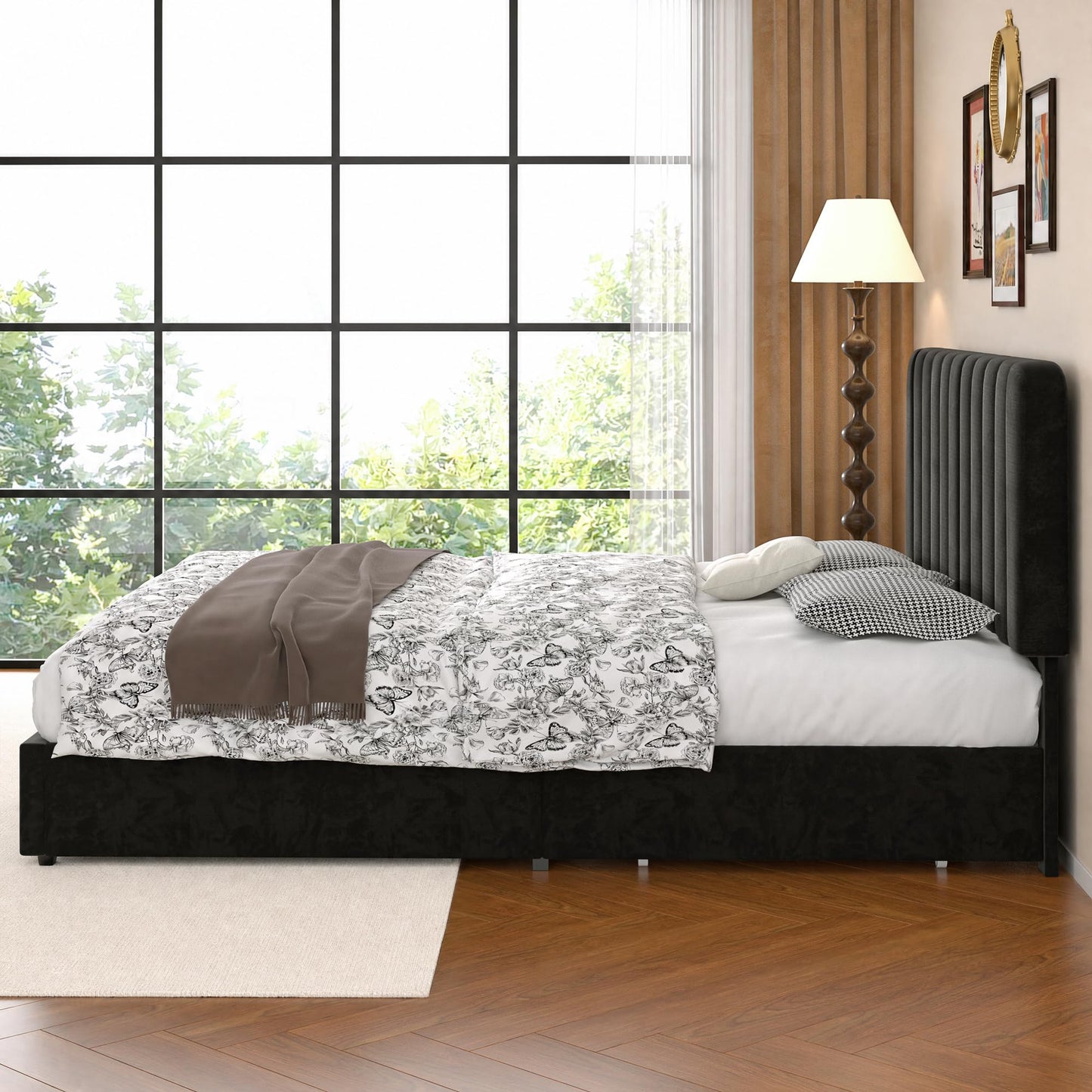 VECELO Queen Size Upholstered Bed Frame with 4 Drawers and Headboard, Velvet Platform Storage Bedframe, Wooden Slats Support, No Box Spring Needed,Black