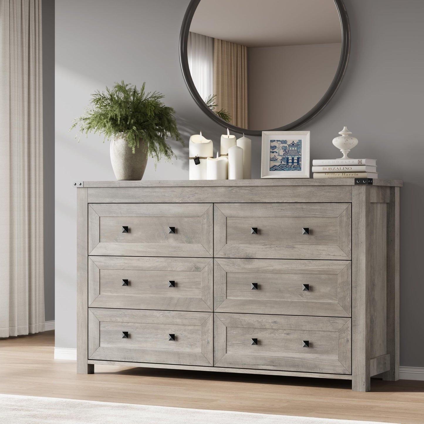 BORNOON 6-Drawer Dresser, Modern Wooden Storage Chest of Drawers, Dresser TV Stand, Wood Drawer Organizer with Metal Handles for Bedroom, Living Room, Hallway